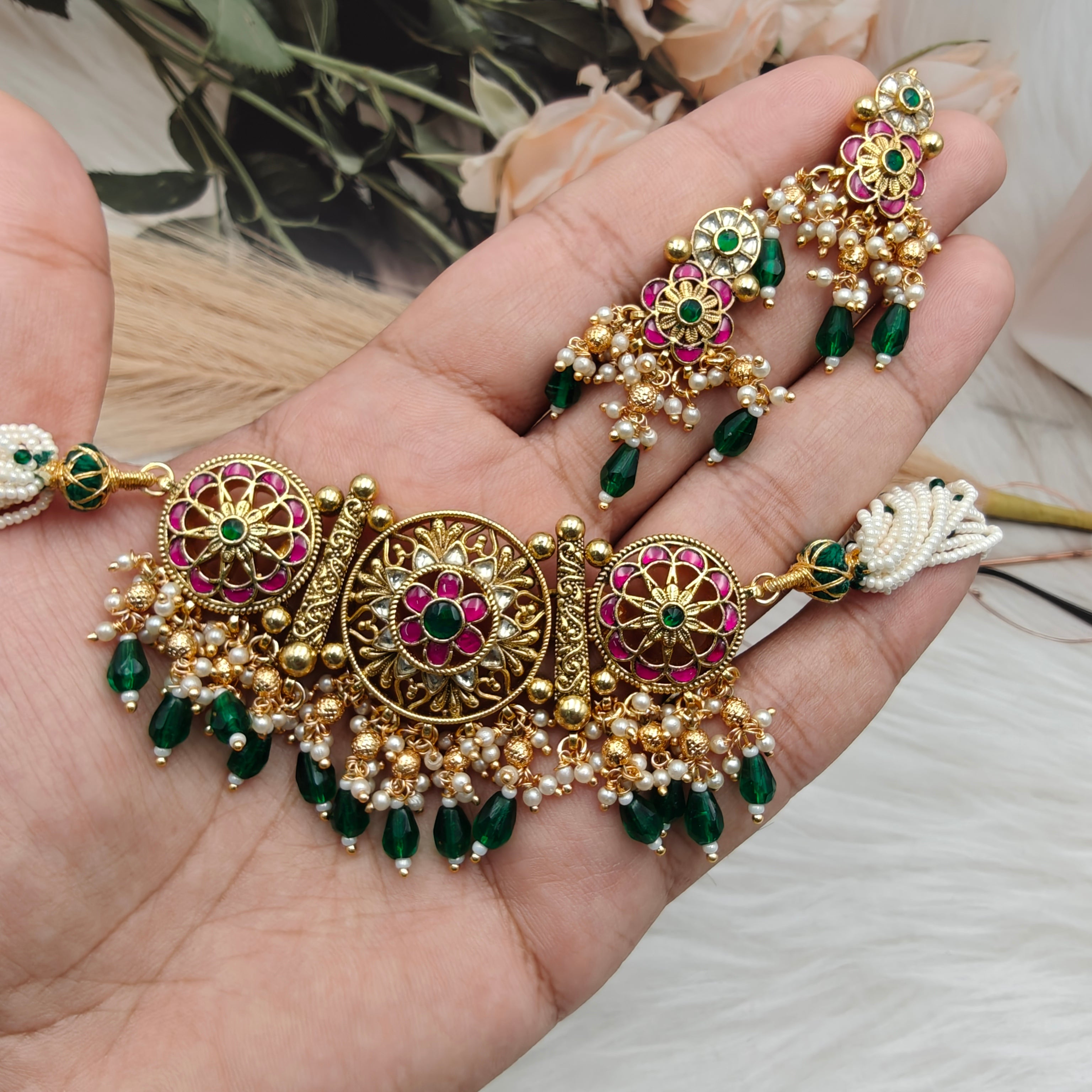 Riana Jadtar Pachi Kundan Choker Necklace Set - Green N Ruby