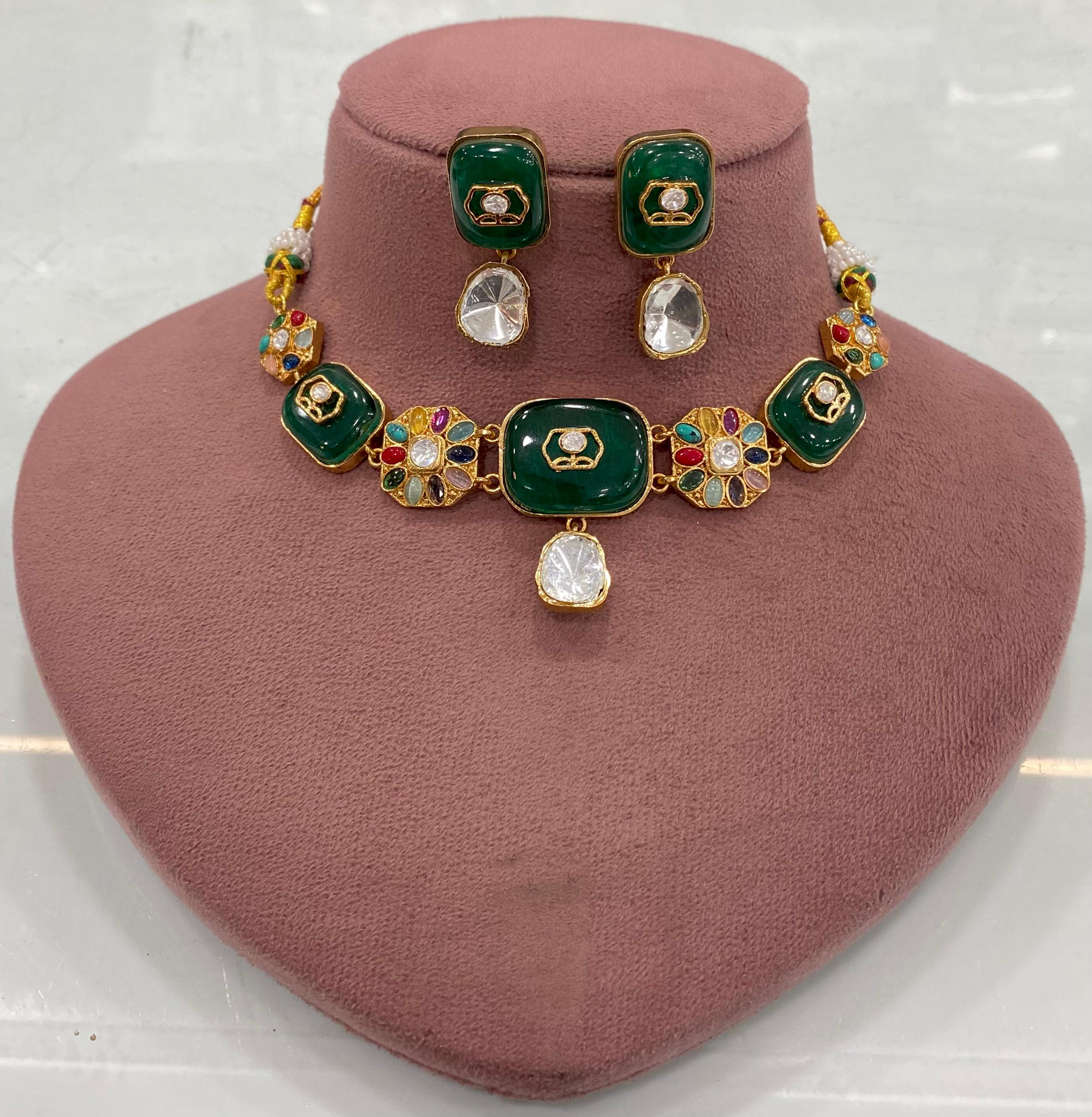 Satya Uncut Polki with Natural Stone Choker Necklace Set - Green Multi
