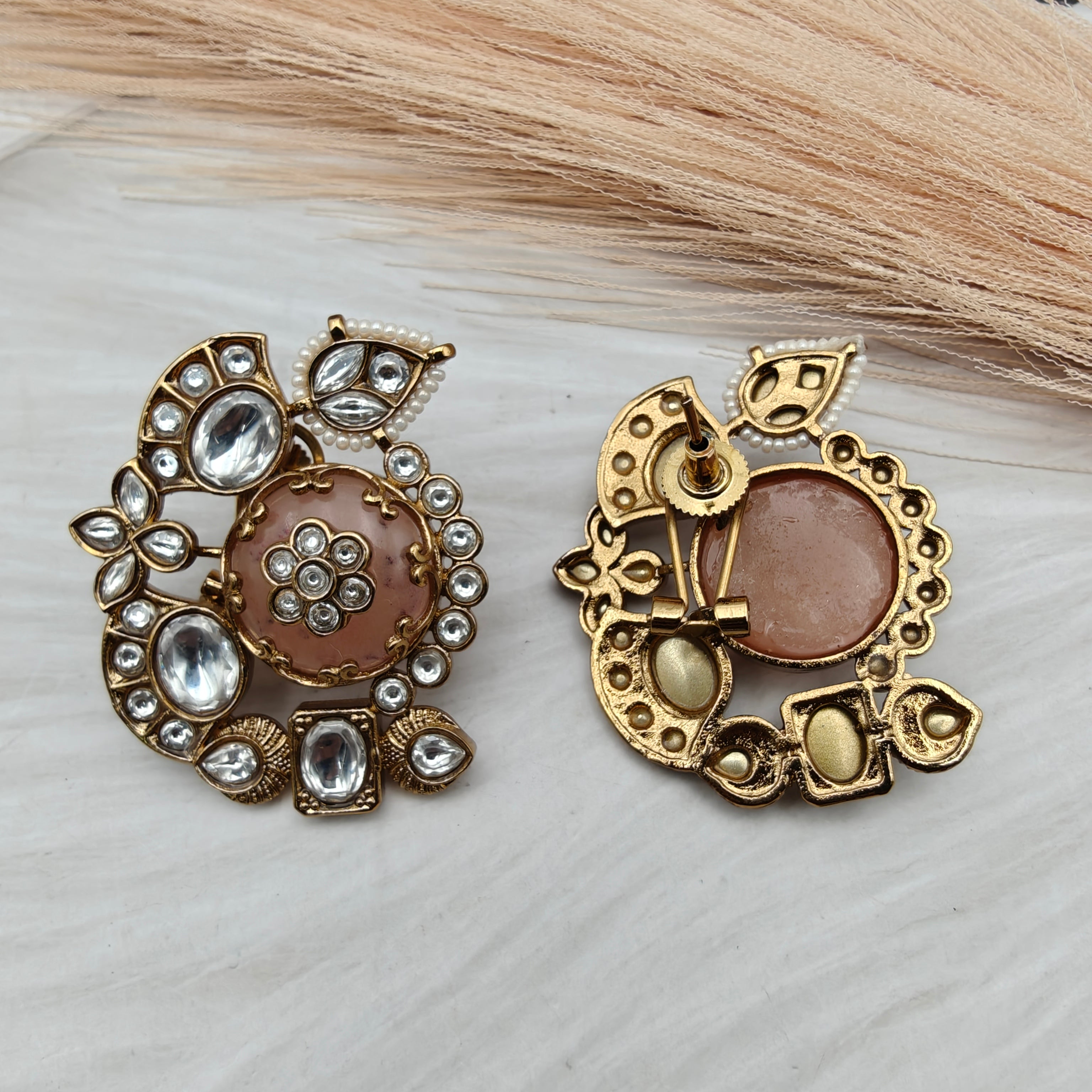 Heena Statement Jadau Kundan Studs- Peach Neutral