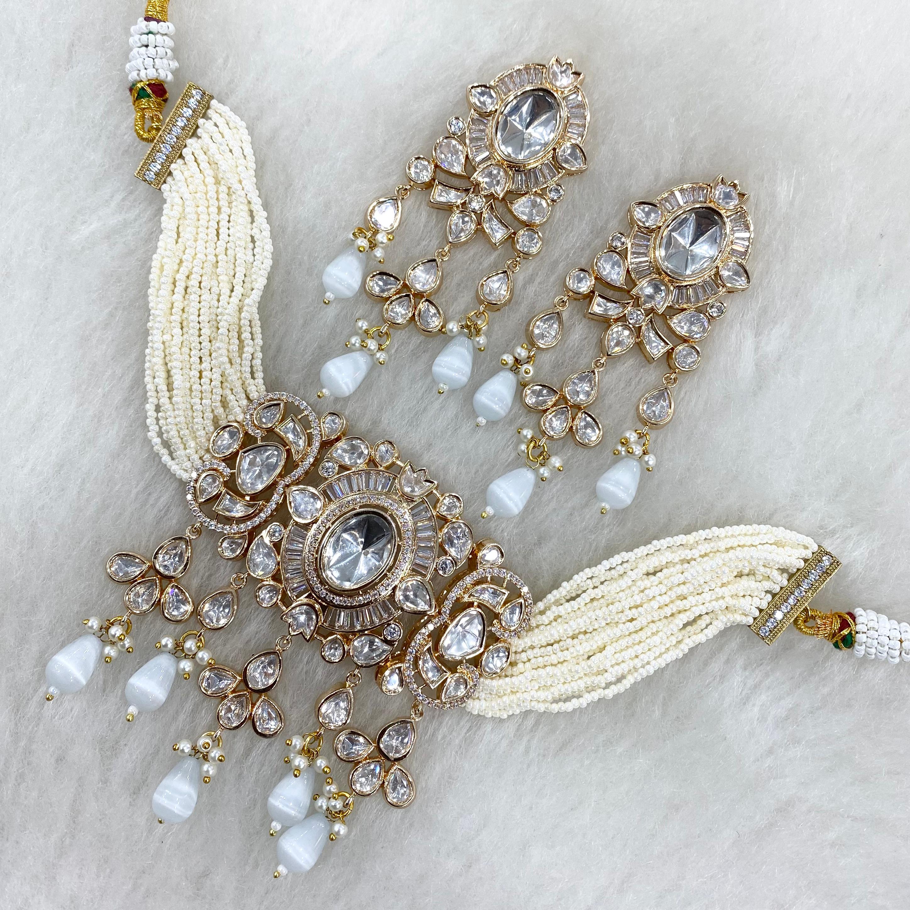 Noorani Sunheri Moissanite Kundan Choker Set- White