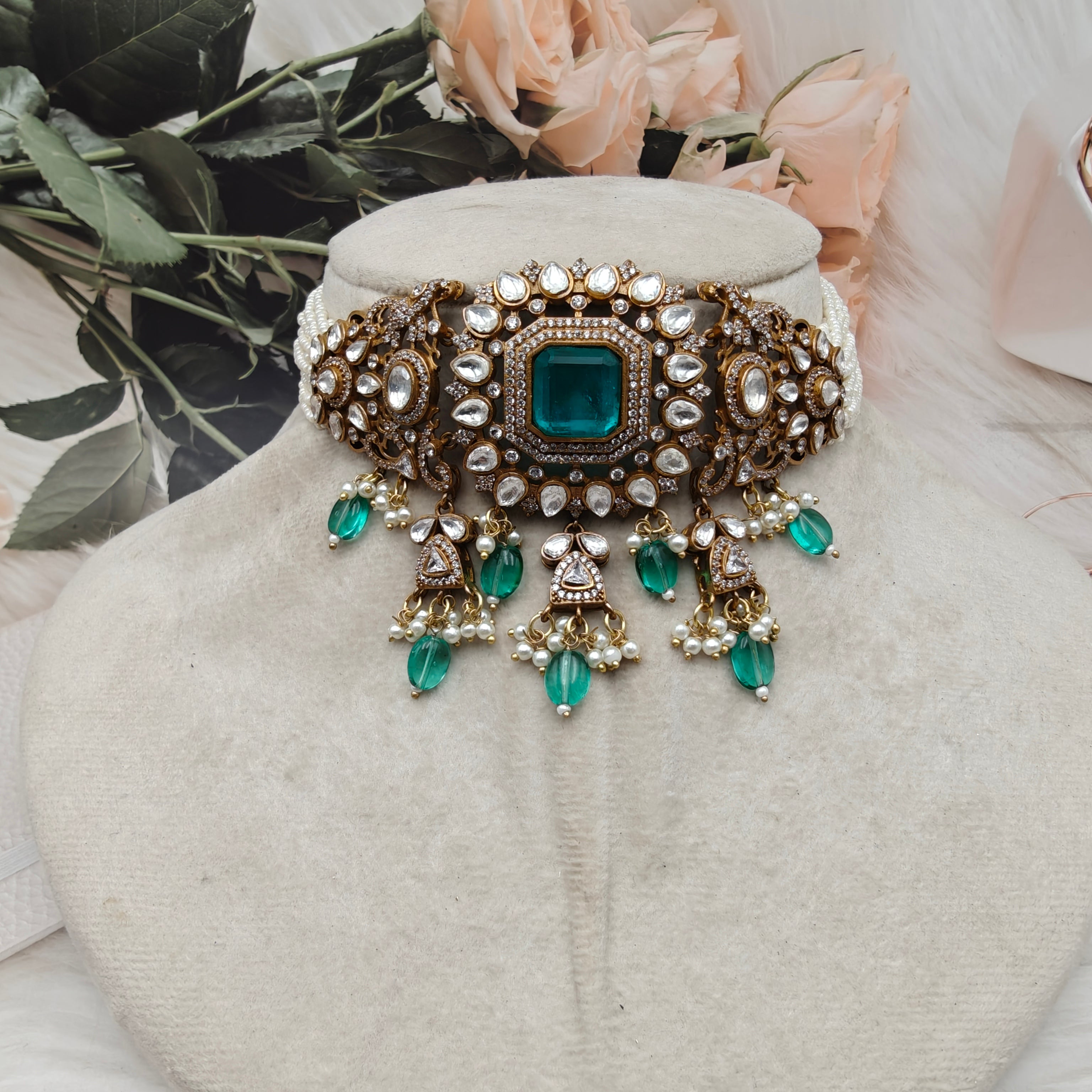 Shakti Doublet Victorian Finish Uncut Moissanite Polki Choker Set- Rama Green