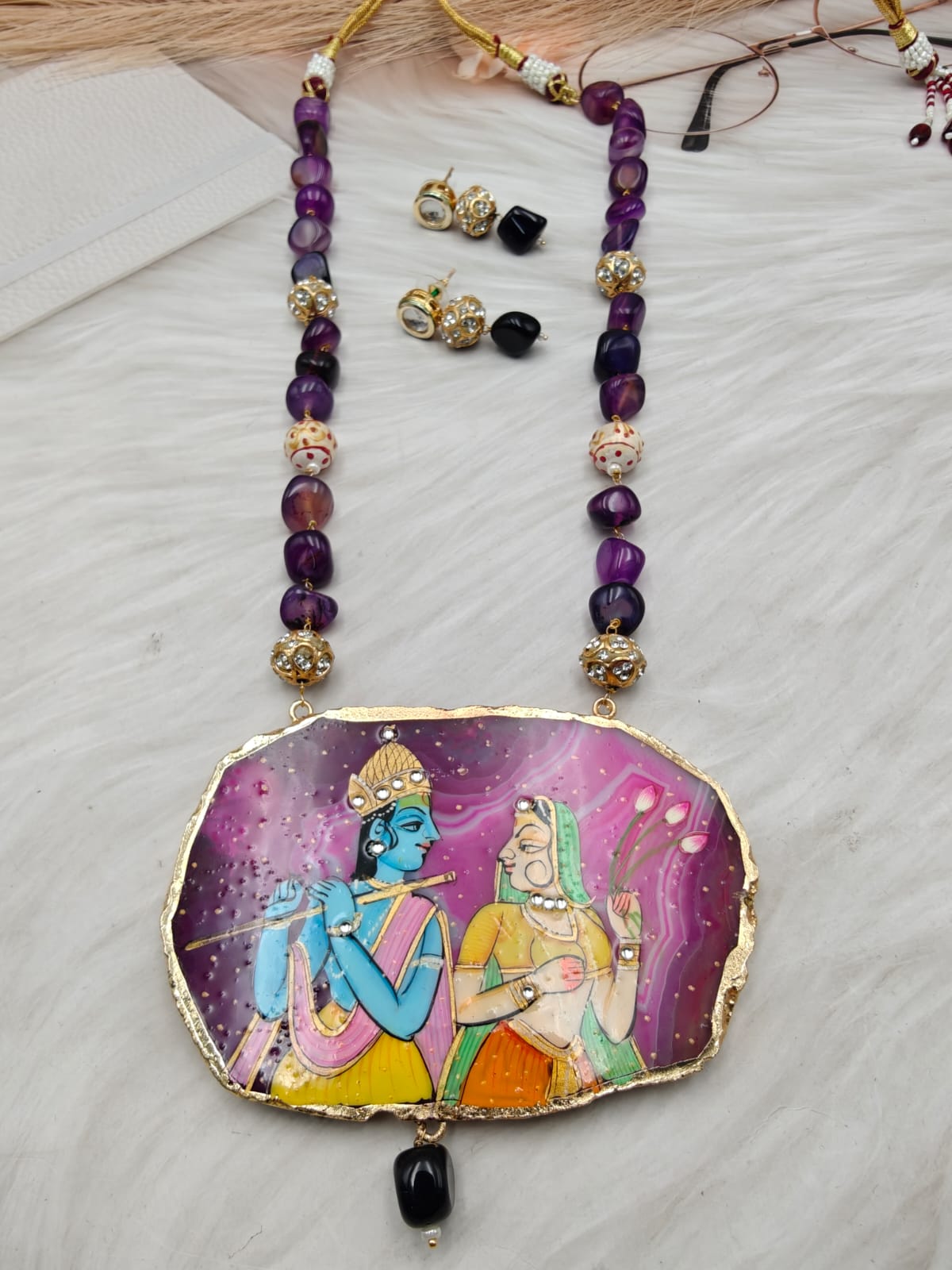 Radha Krishna Tanjore Natural Stone Long Necklace - Purple