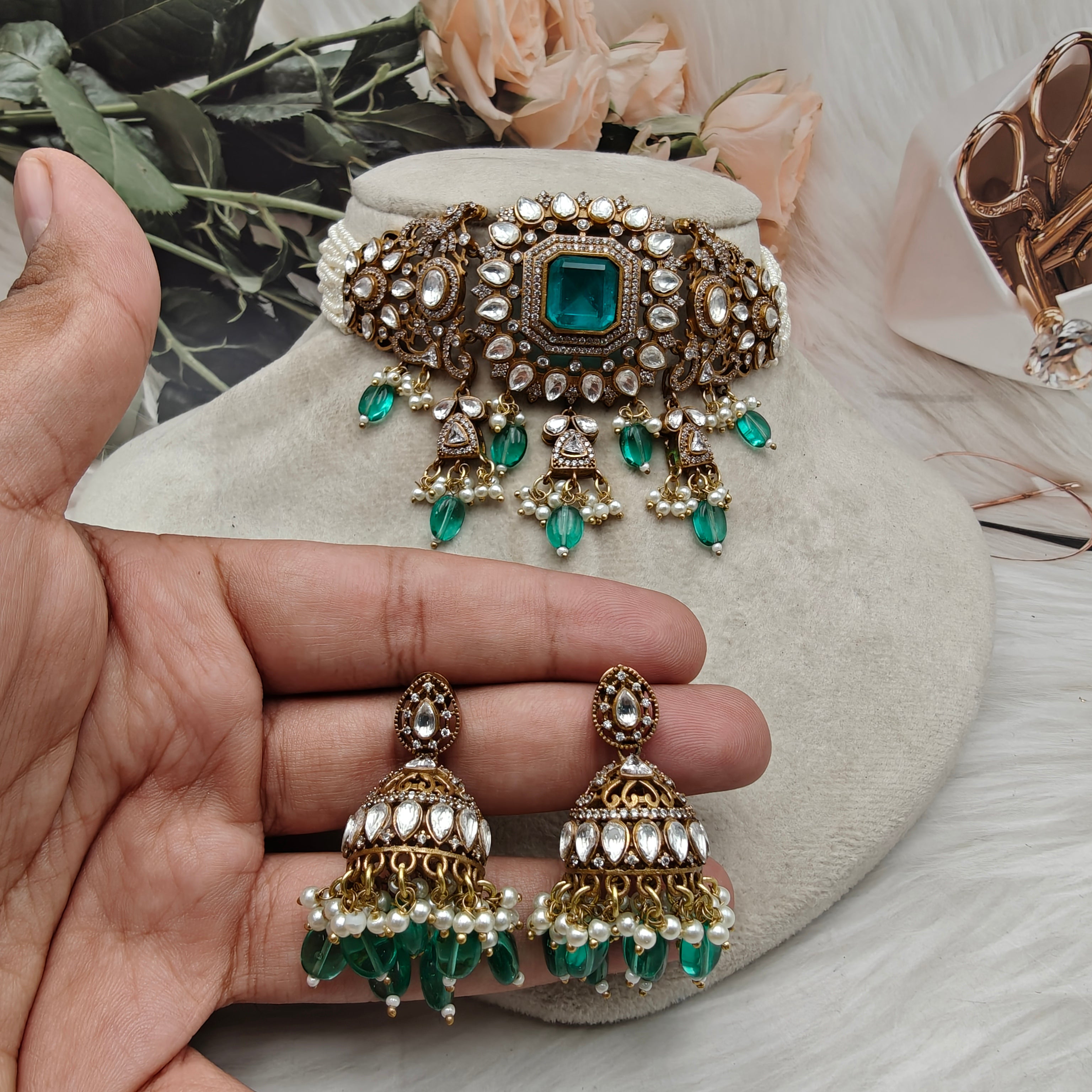 Shakti Doublet Victorian Finish Uncut Moissanite Polki Choker Set- Rama Green