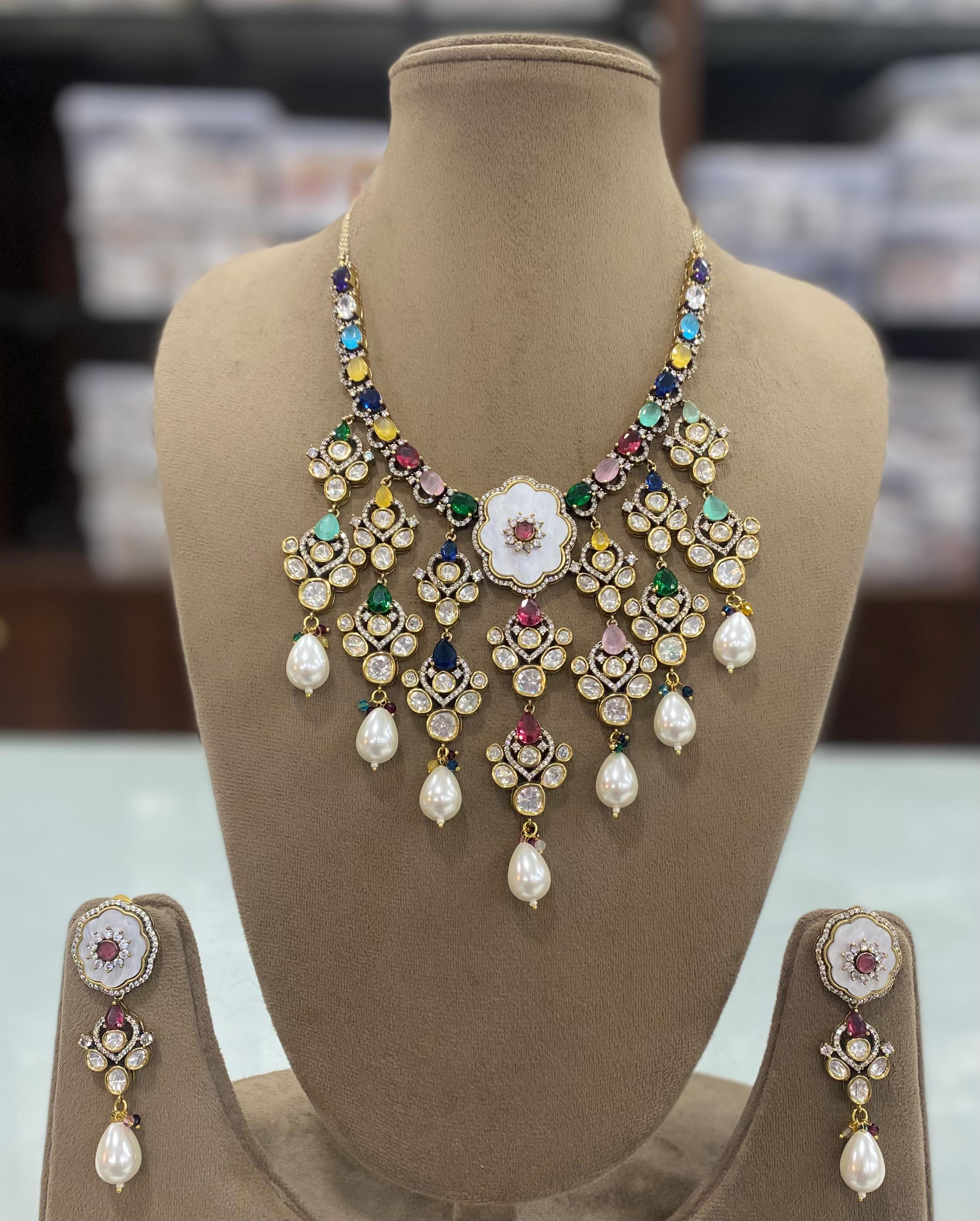 Amrita Shell Stone and Polki Necklace Set - Multi