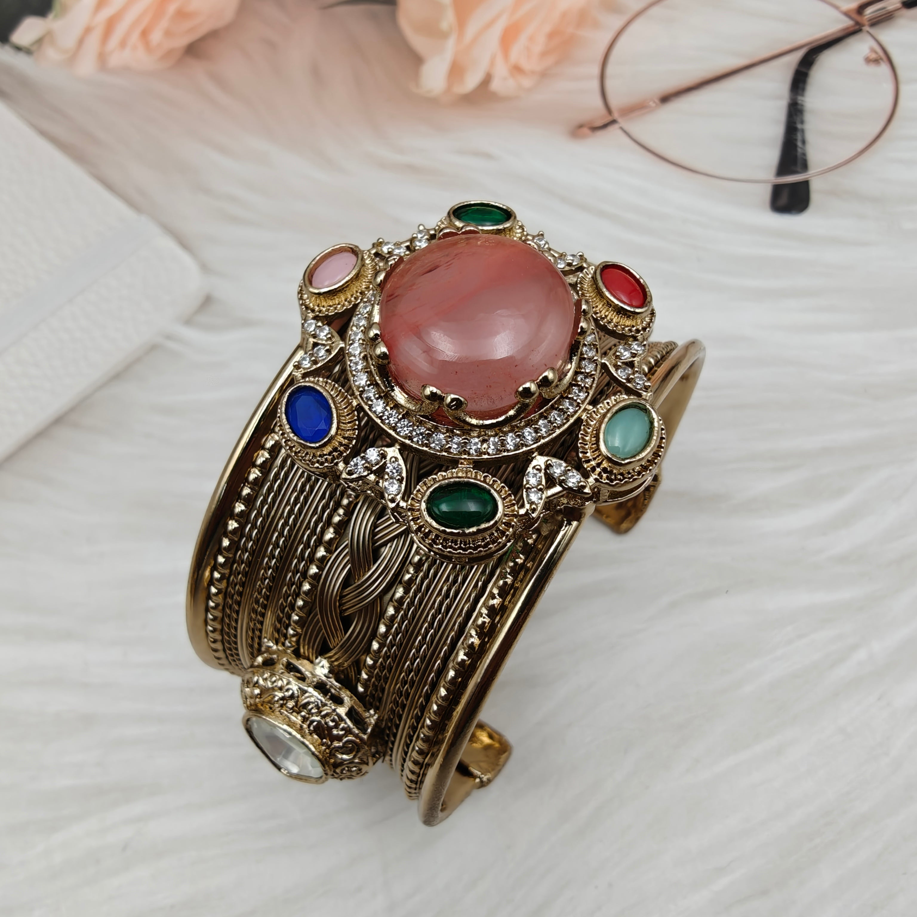 Sabya Inspired Navina Handcrafted Natural Stone Handcuff - Pink Coral