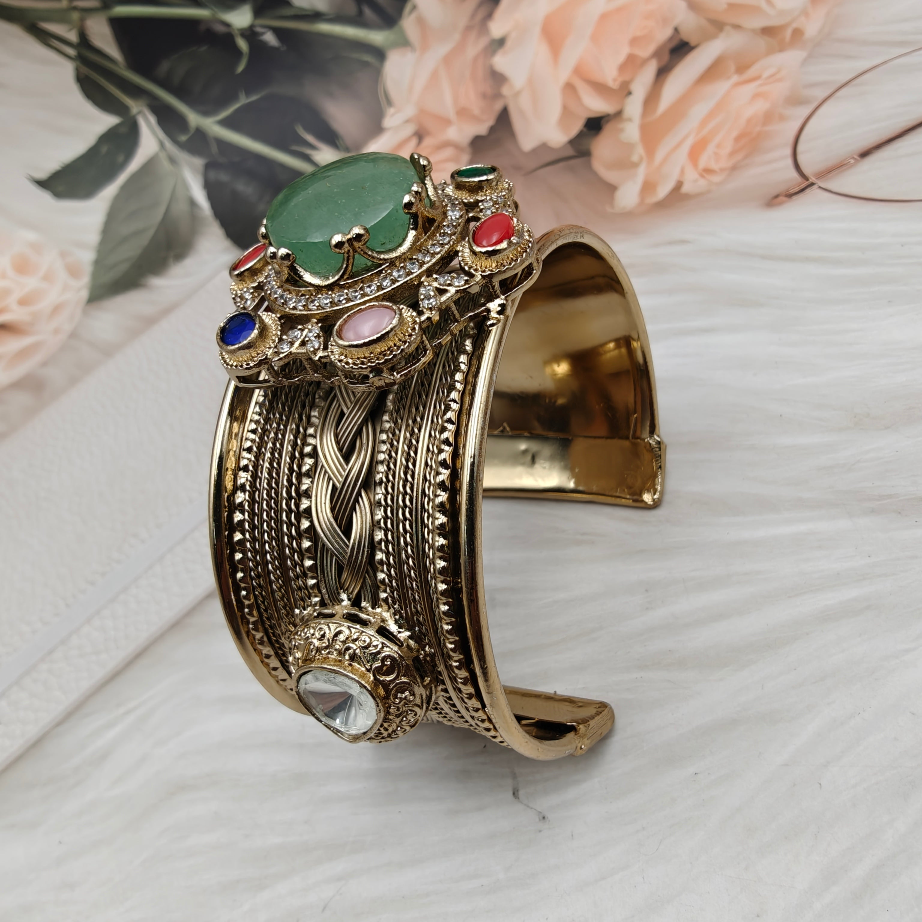 Sabya Inspired Navina Handcrafted Natural Stone Handcuff - Green Multi