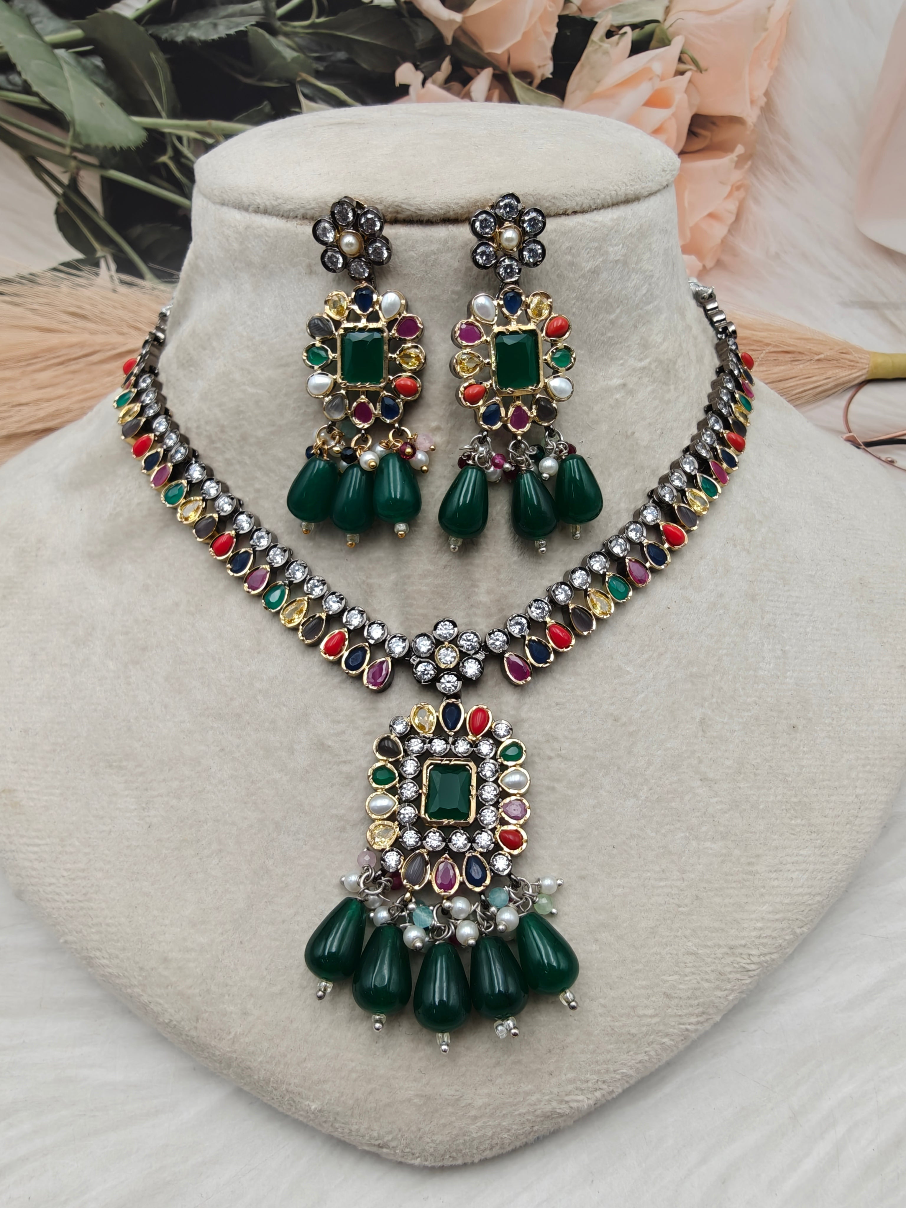 Raksha Multi Necklace Set with Emerald dropping