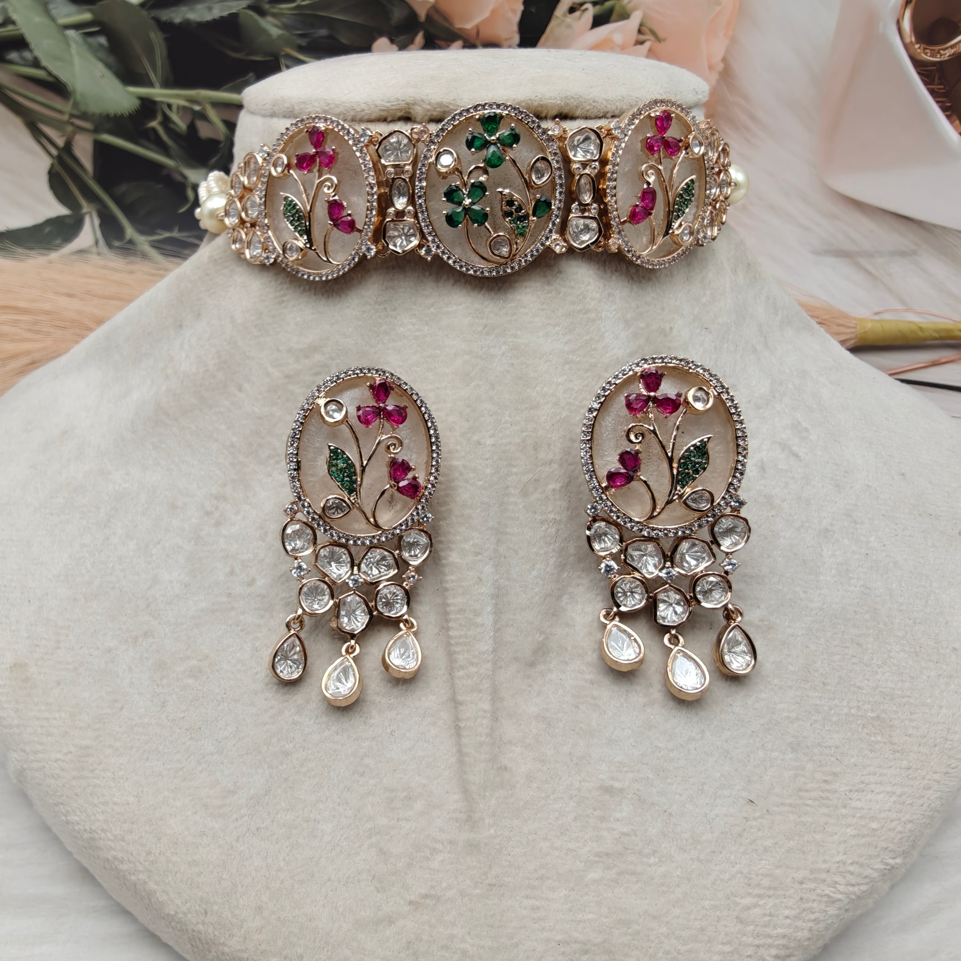 Meher Floral Mother of Pearl Choker Set- Ruby n Green
