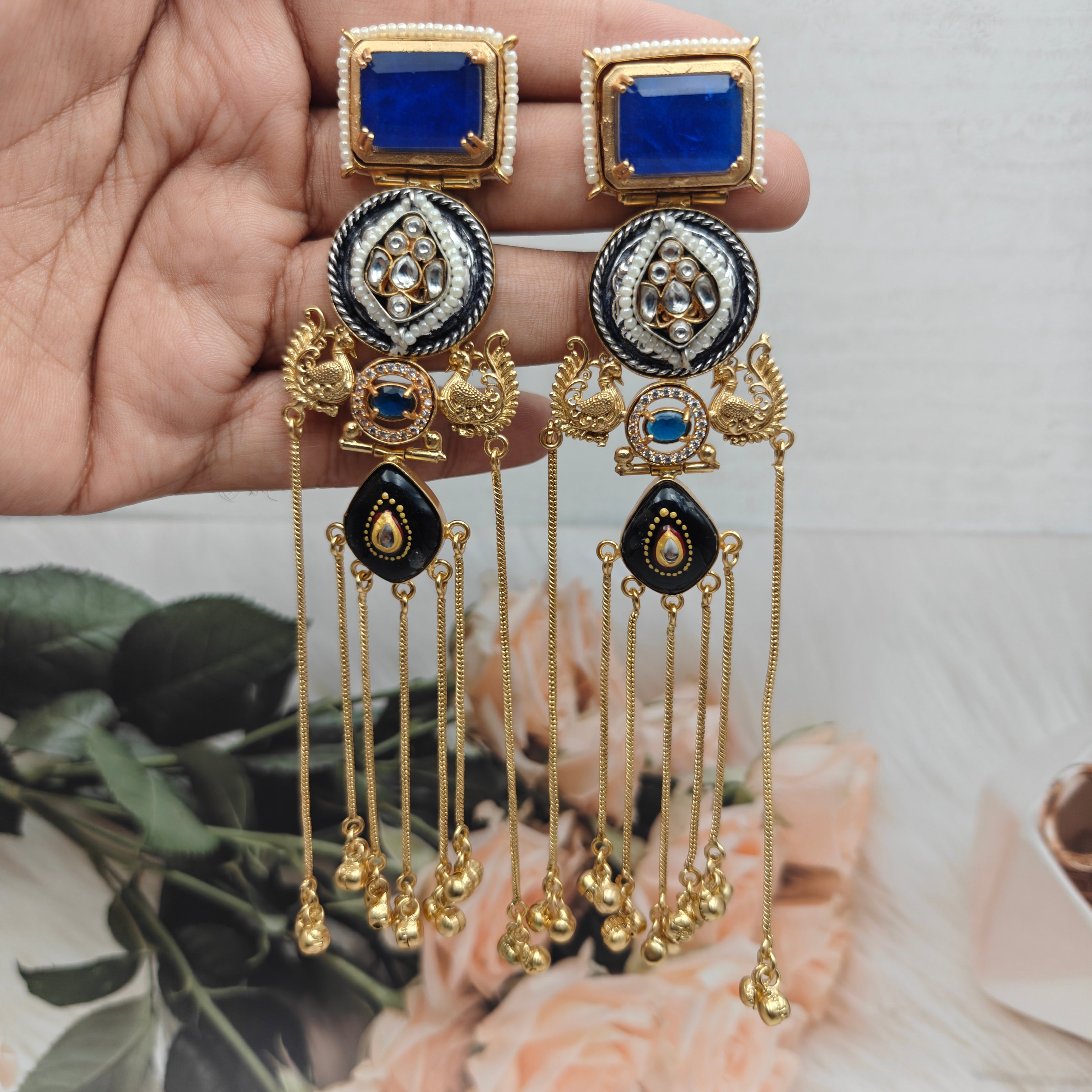 Panchali Doublet Kashmiri Brass Fusion Earrings - Blue