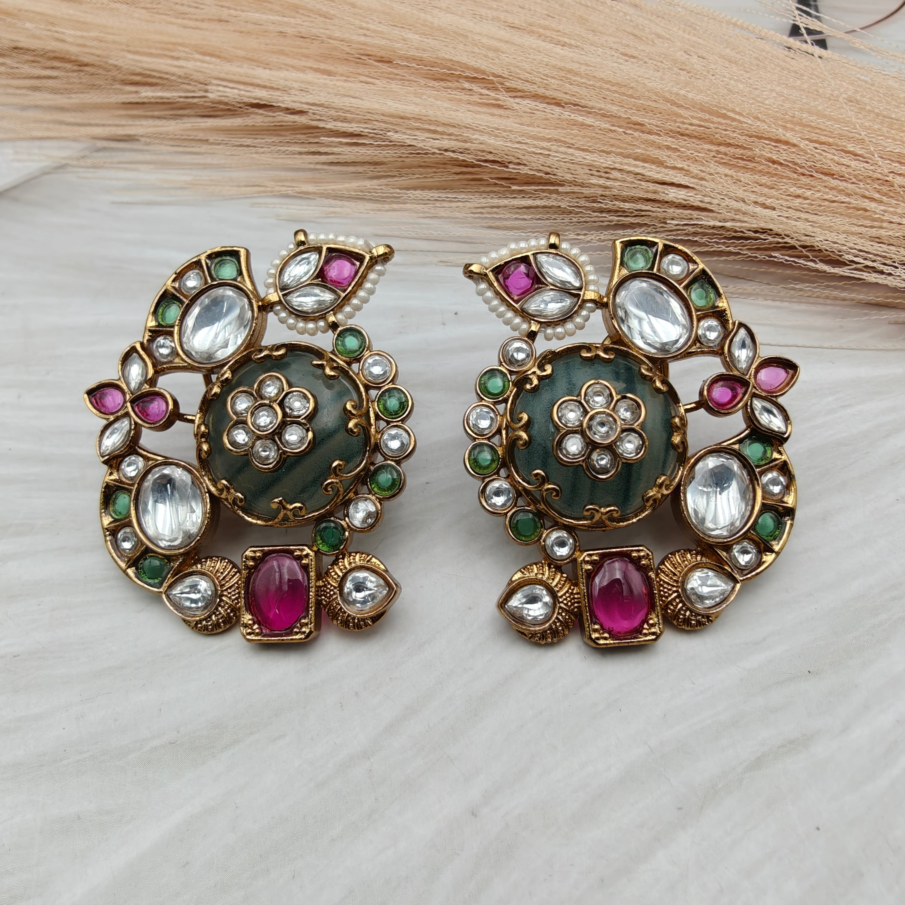 Heena Statement Jadau Kundan Studs- Deep Green n Multi