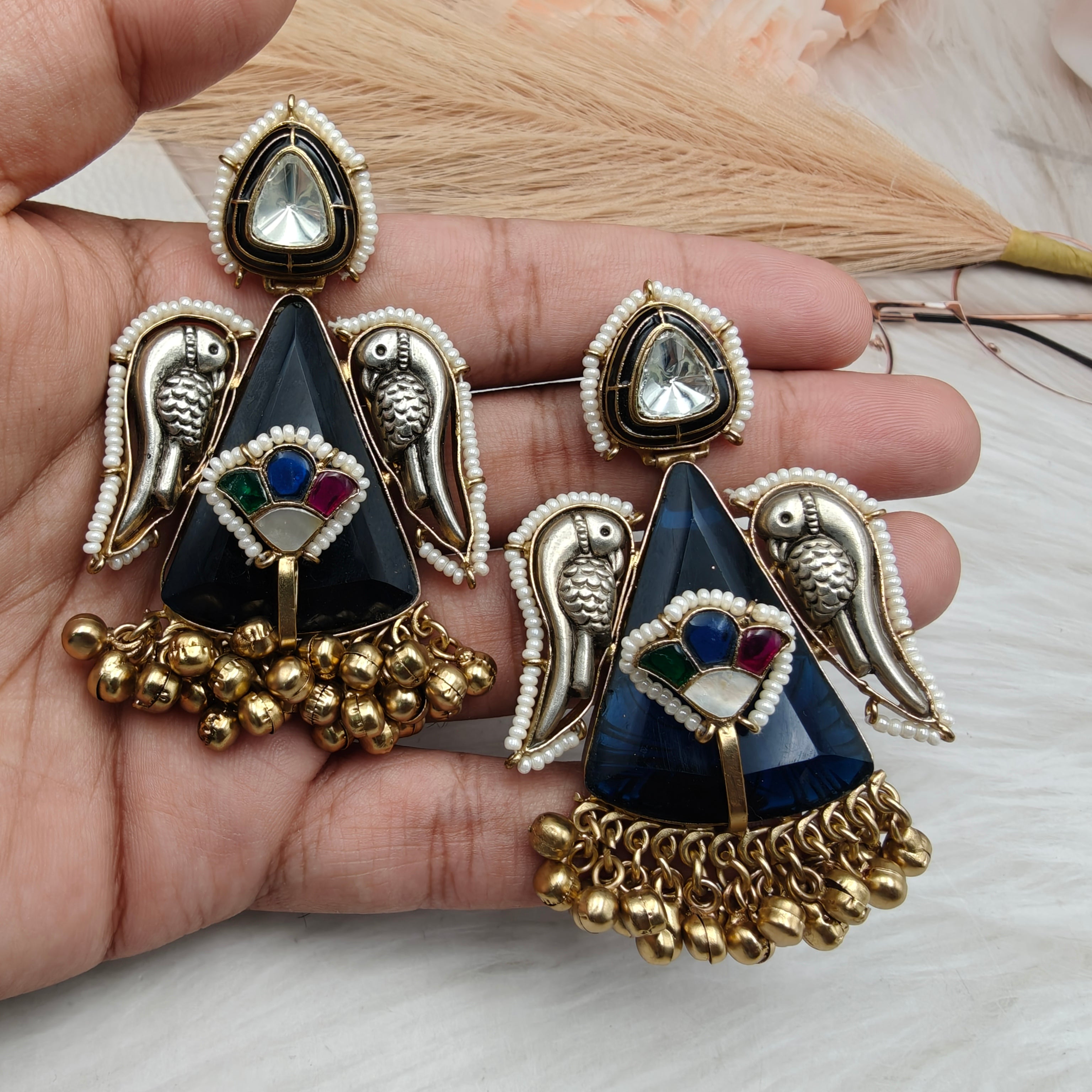 Jhanjhoor Ghungroo Brass Fusion Earrings - Blue