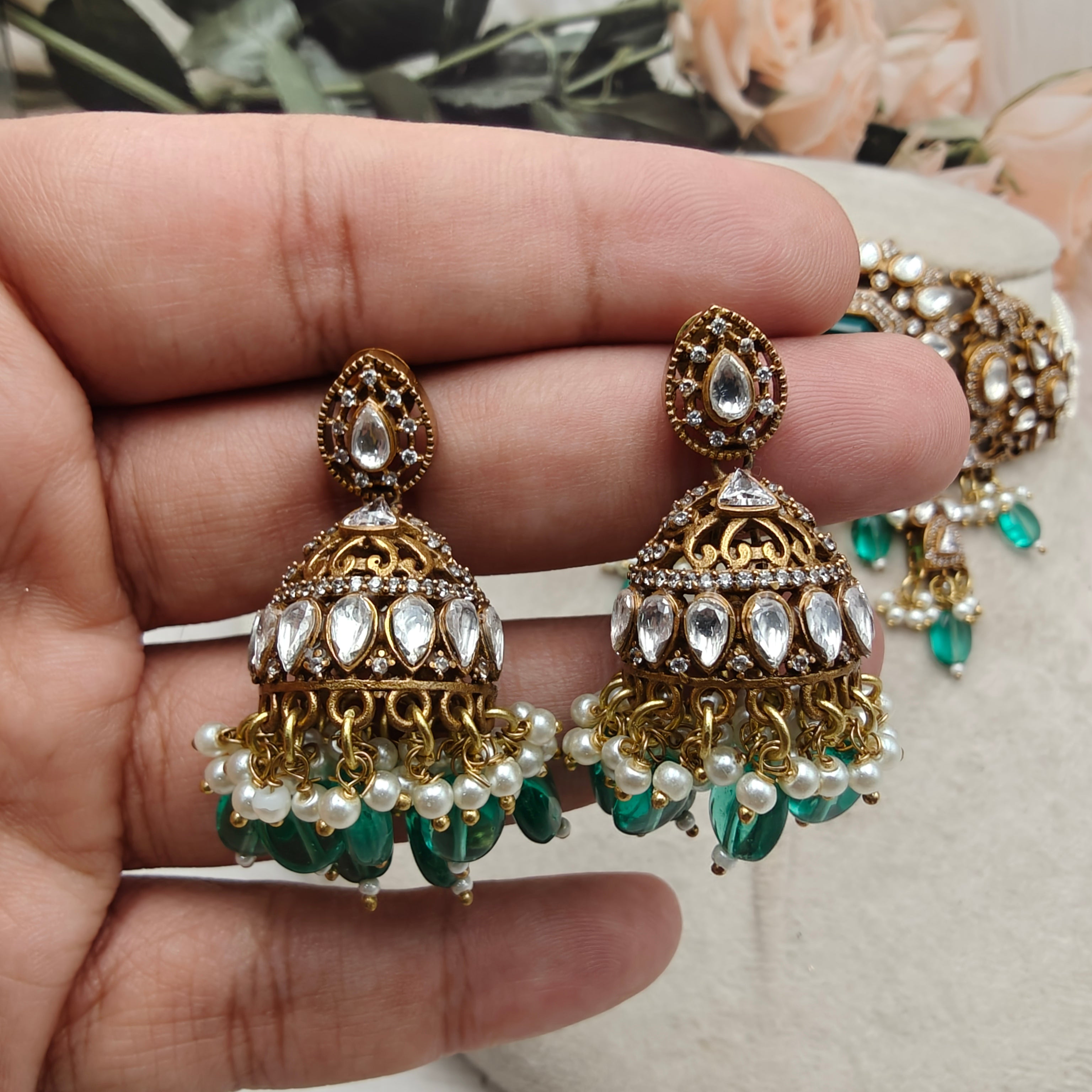 Shakti Doublet Victorian Finish Uncut Moissanite Polki Choker Set- Rama Green