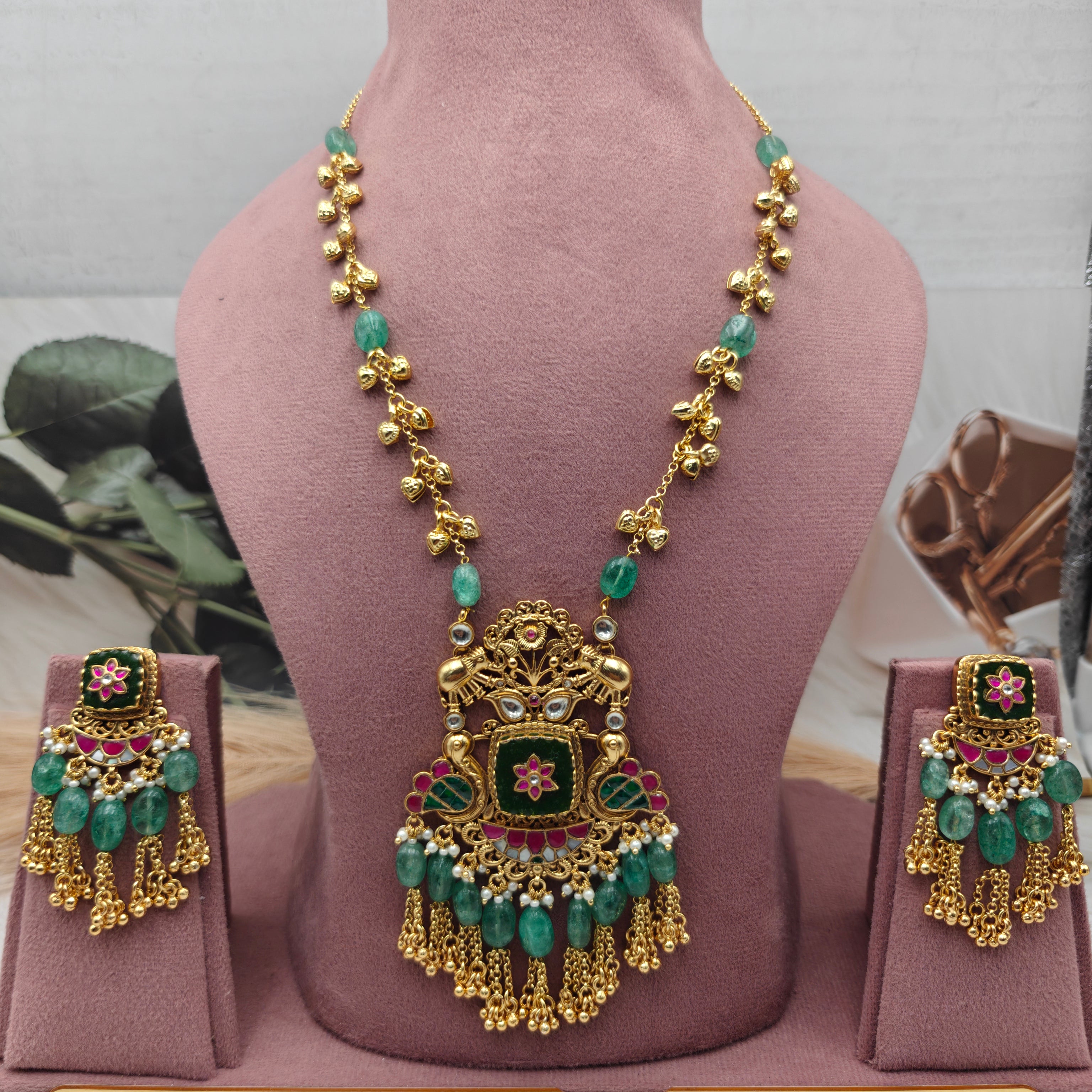 Pachi Kundan Surmayi Necklace Set - Mint Ruby