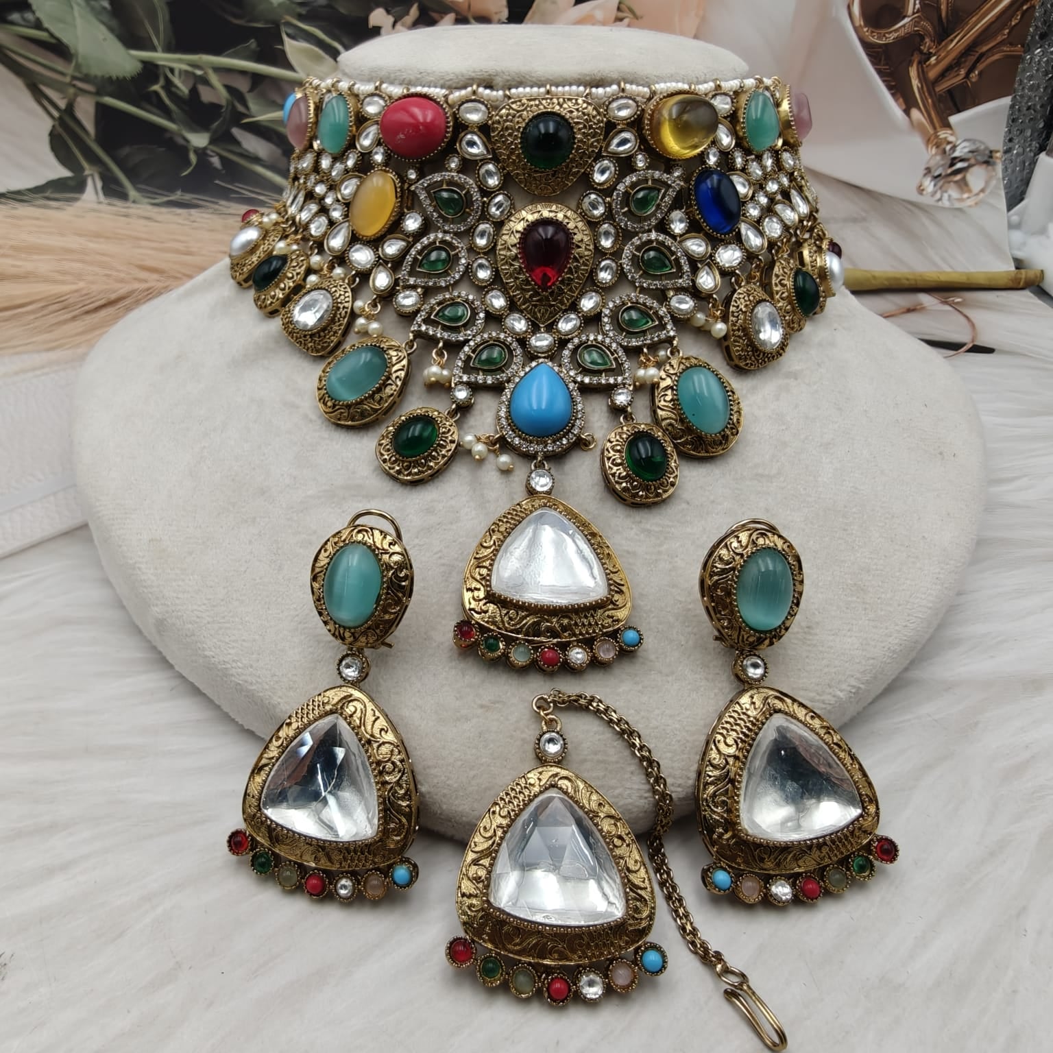 Sabyasachi Inspired Maharani Glow Necklace Set - Navratana Multi