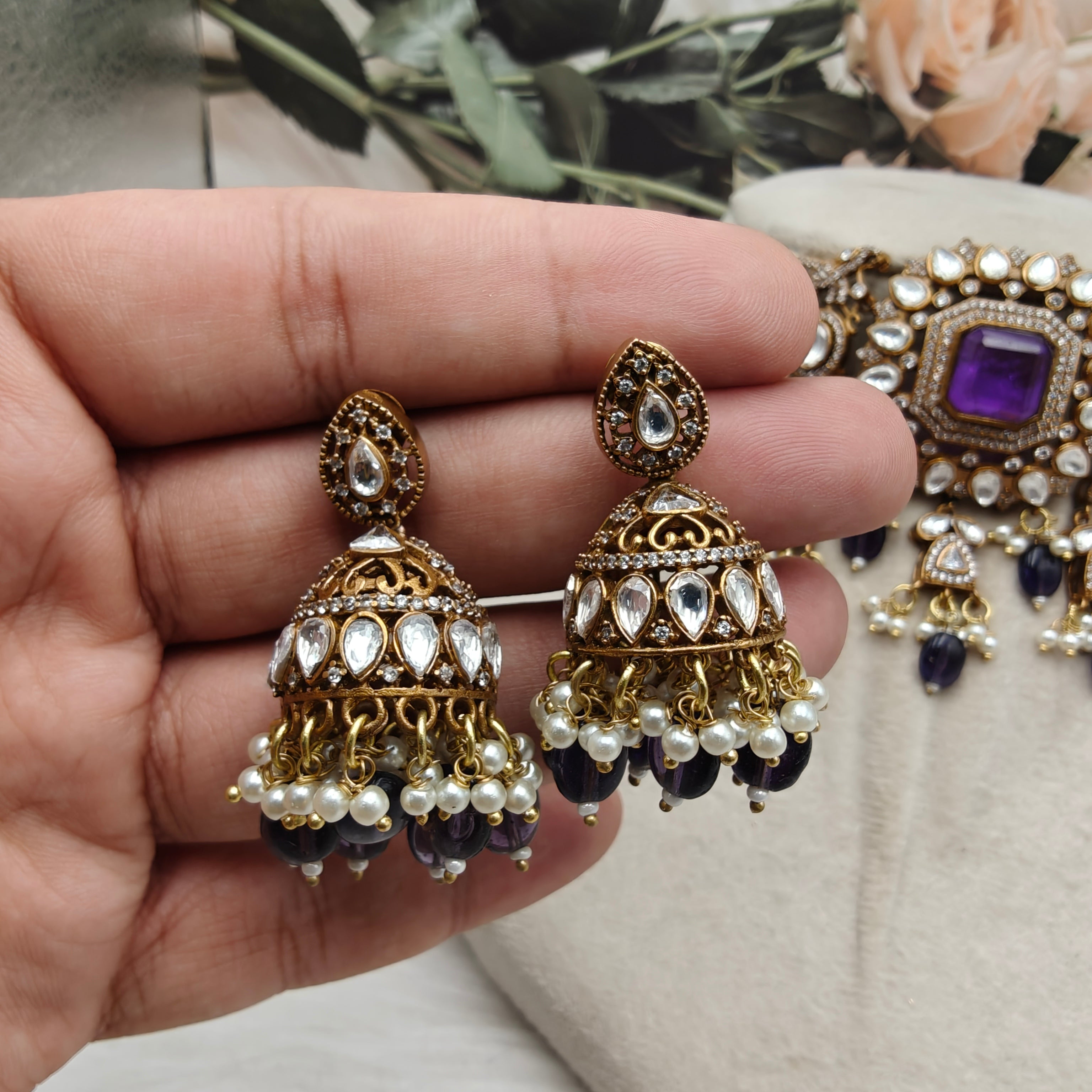 Shakti Doublet Victorian Finish Uncut Moissanite Polki Choker Set- Purple