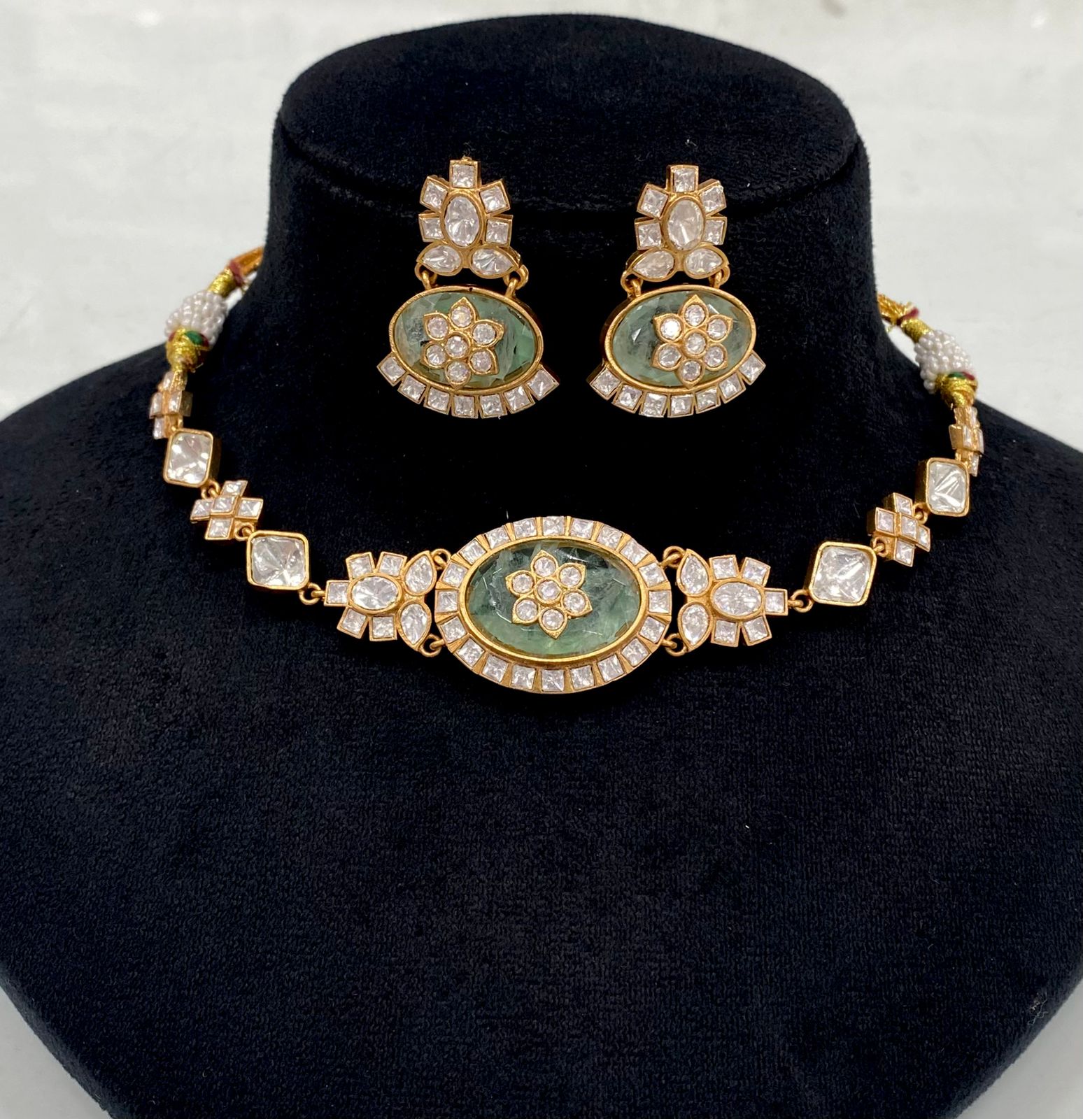Kalika Uncut Moissanite Onyx Choker Set- Mint