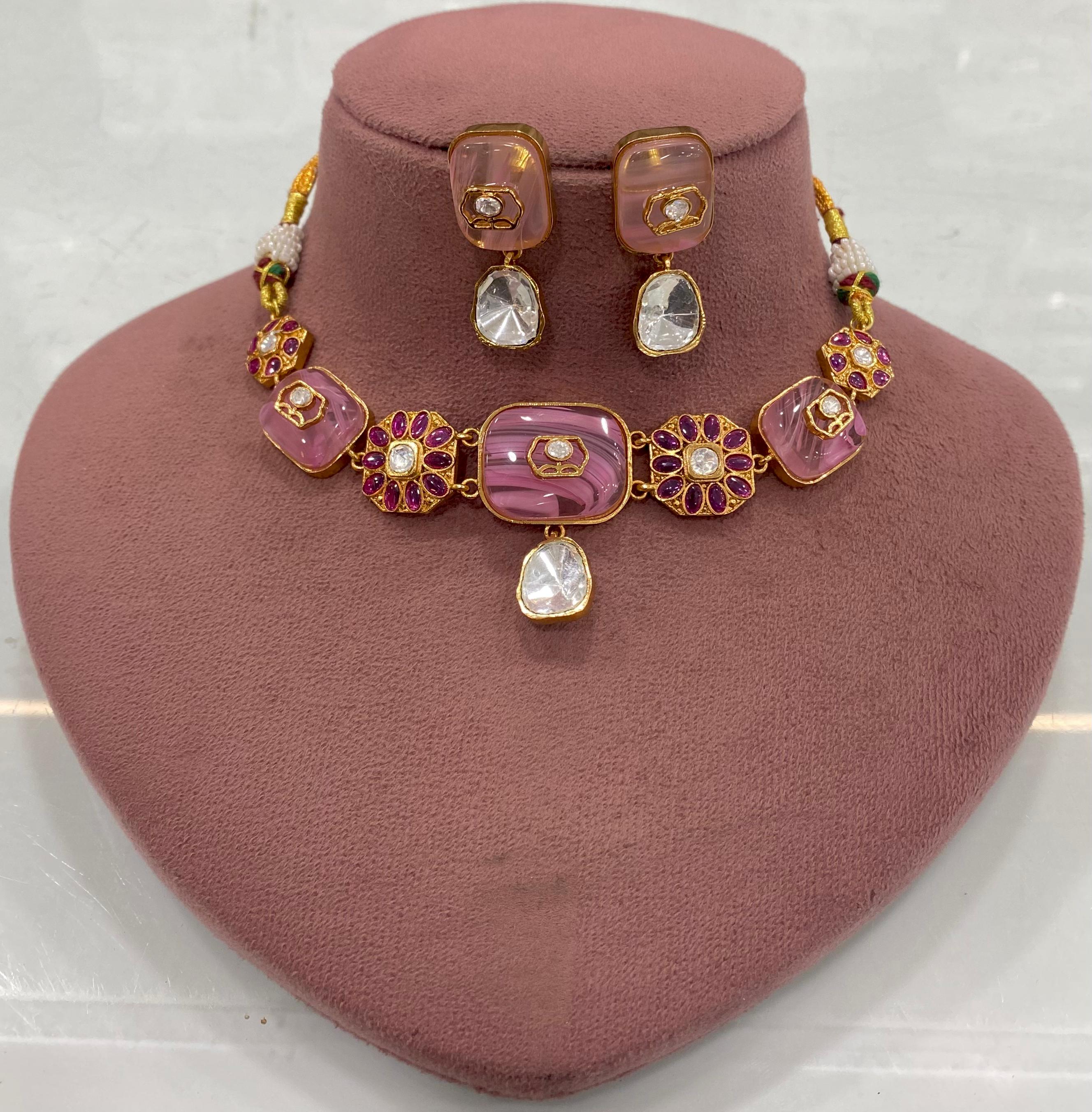 Satya Uncut Polki with Natural Stone Choker Necklace Set - Pink Ruby