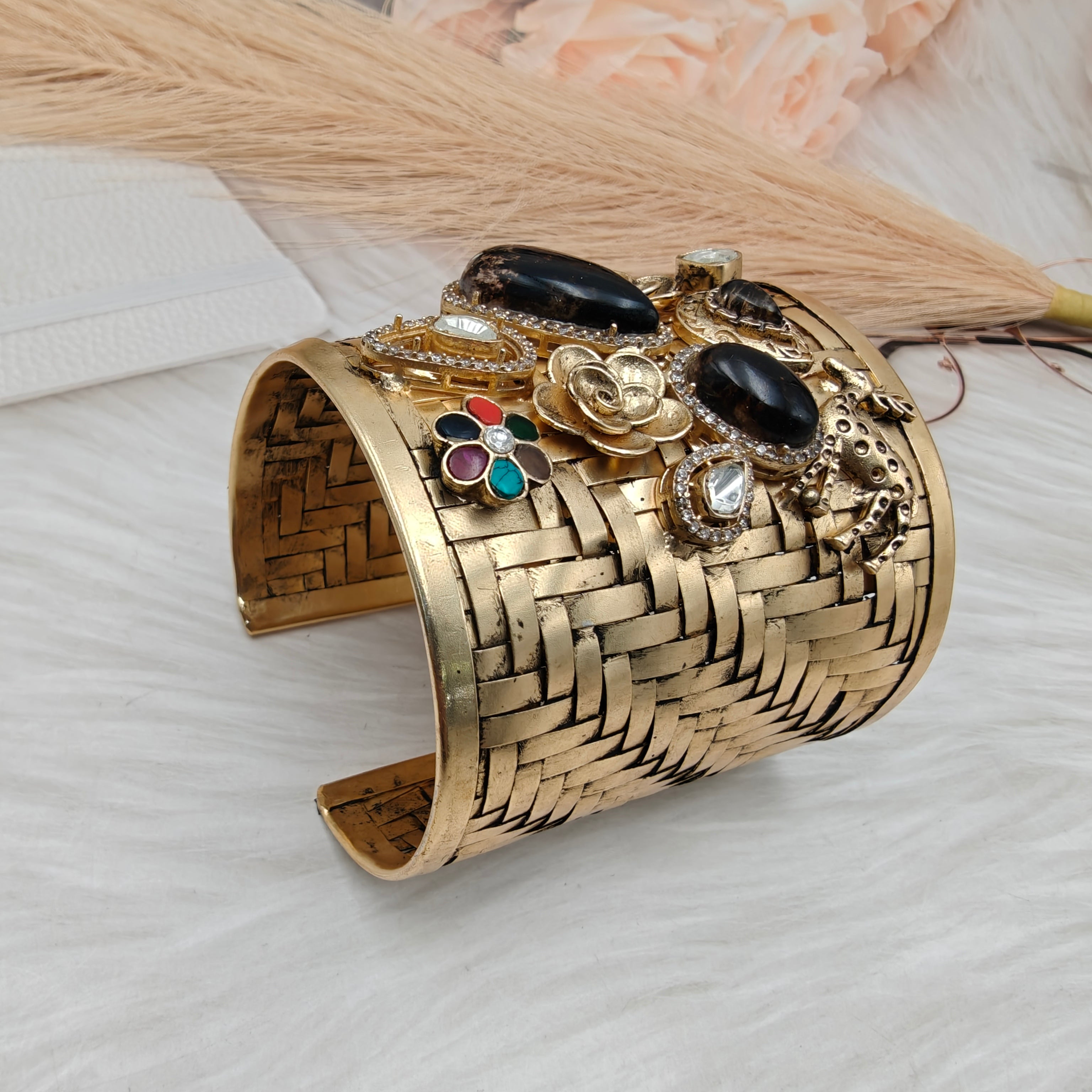 Mrig Natural Stone Handcrafted Brass Amrapali Brass Fusion Handcuff- Brown (Gold Finish)