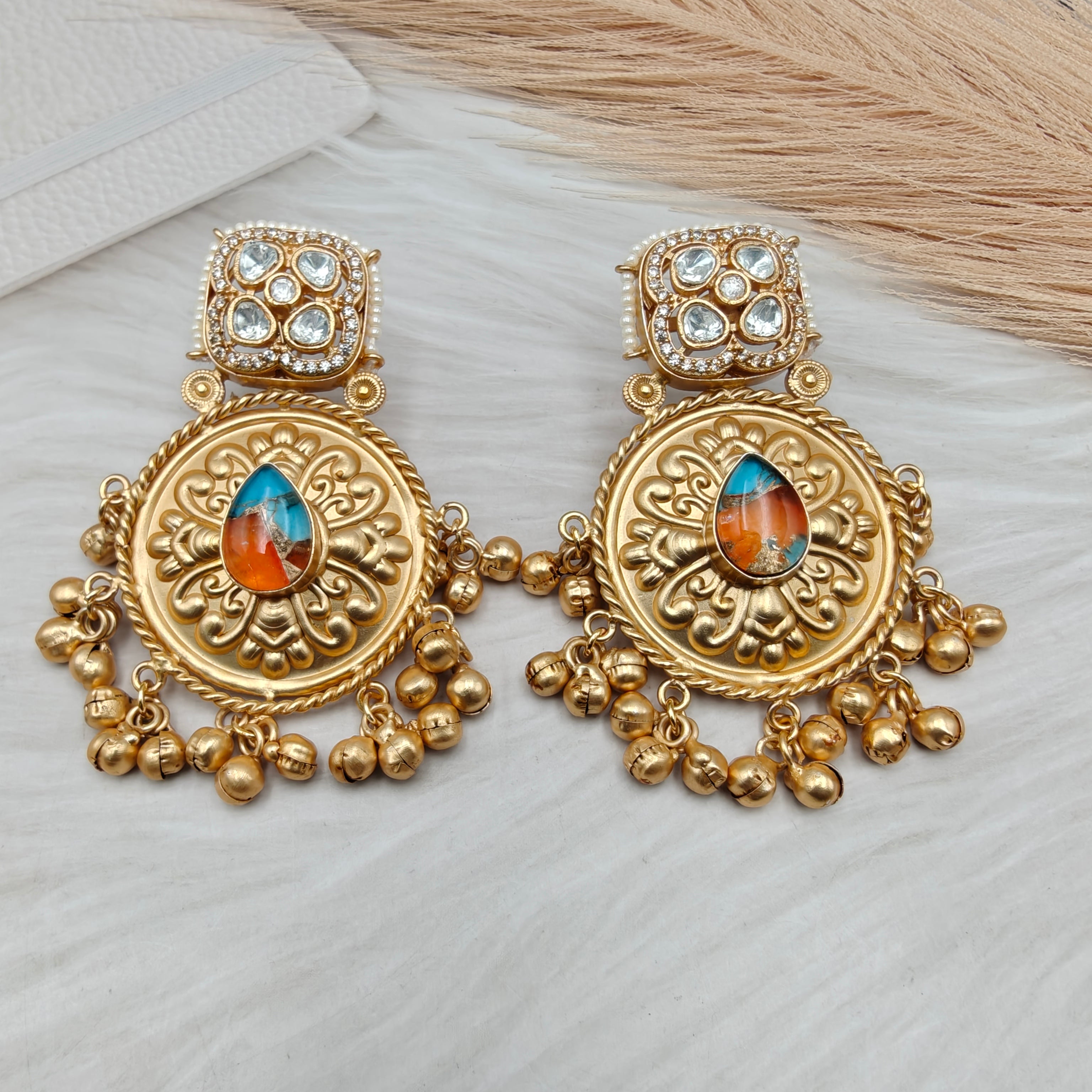 Aastha Handcrafted Brass Fusion Earrings - Orange n Turquoise
