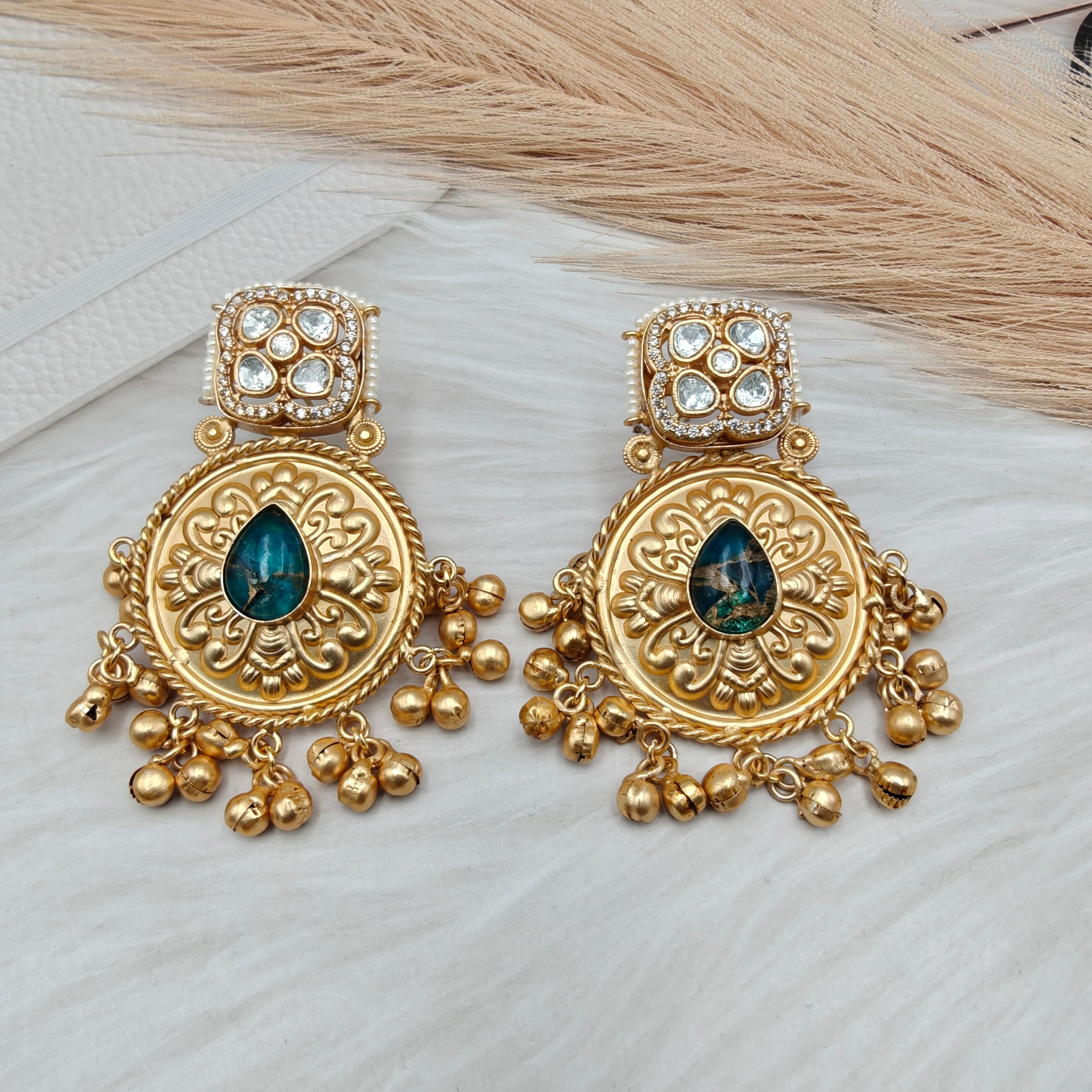 Aastha Handcrafted Brass Fusion Earrings - Teal Blue