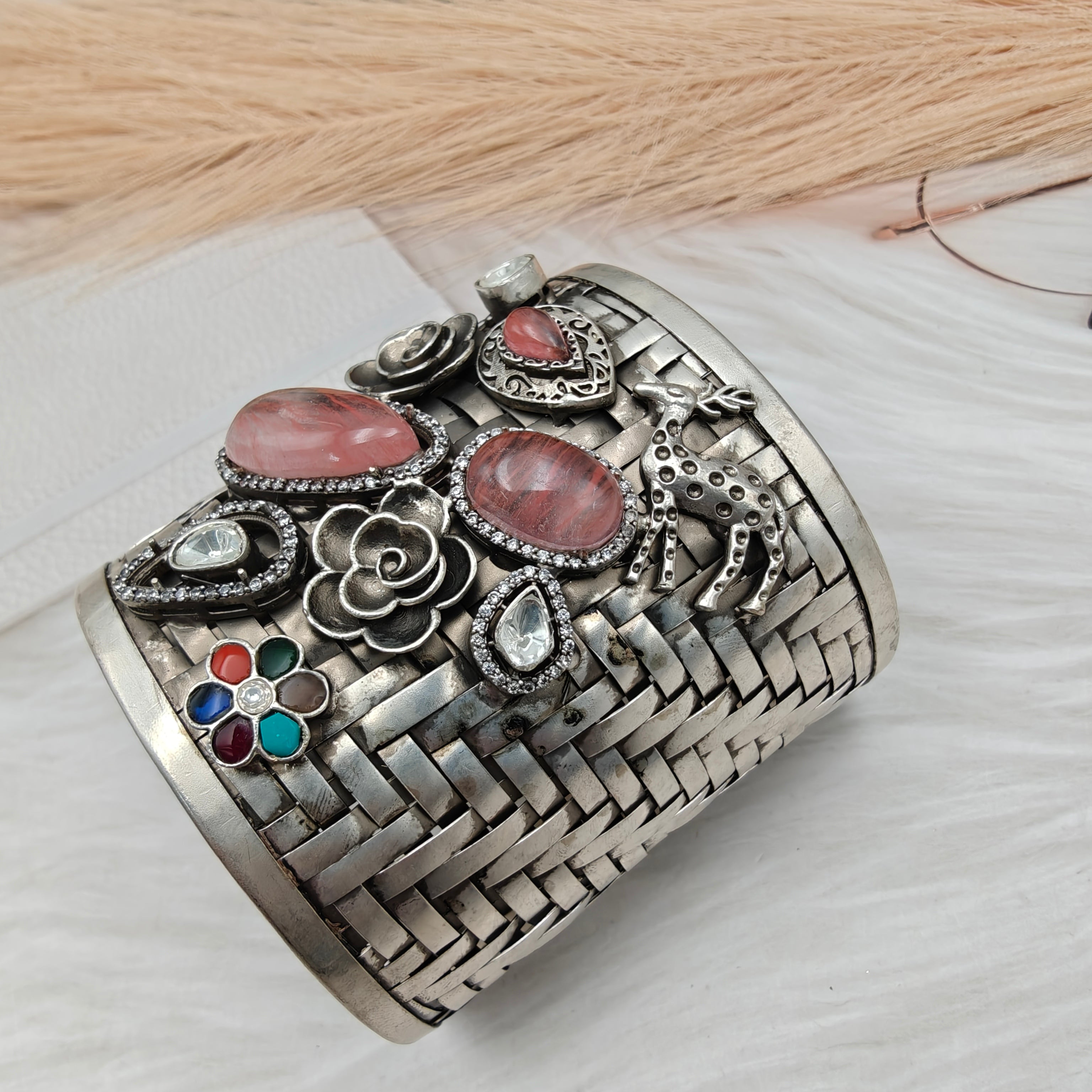 Mrig Natural Stone Handcrafted Brass Amrapali Brass Fusion Handcuff- Pink (Silver Finish)