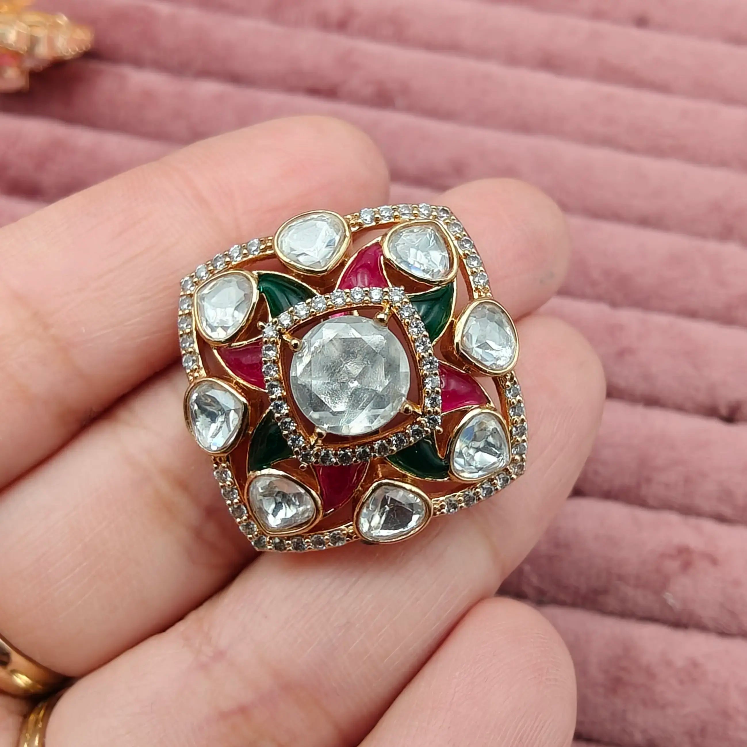 Raahil Moissanite And Pota Stone Adjustable Ring- Ruby And Green