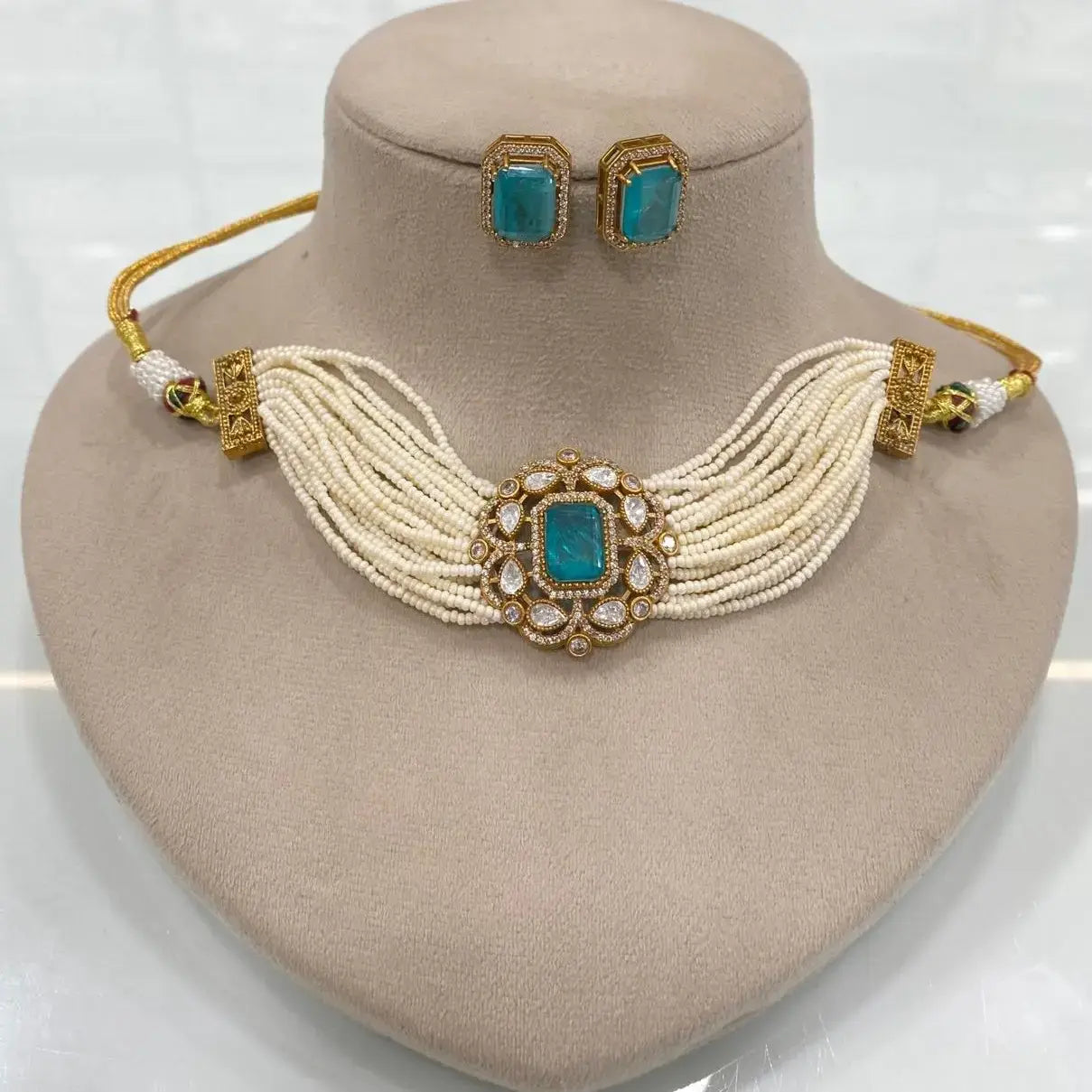 Kusum Doublet Uncut Polki Choker Set - Turquoise Blue