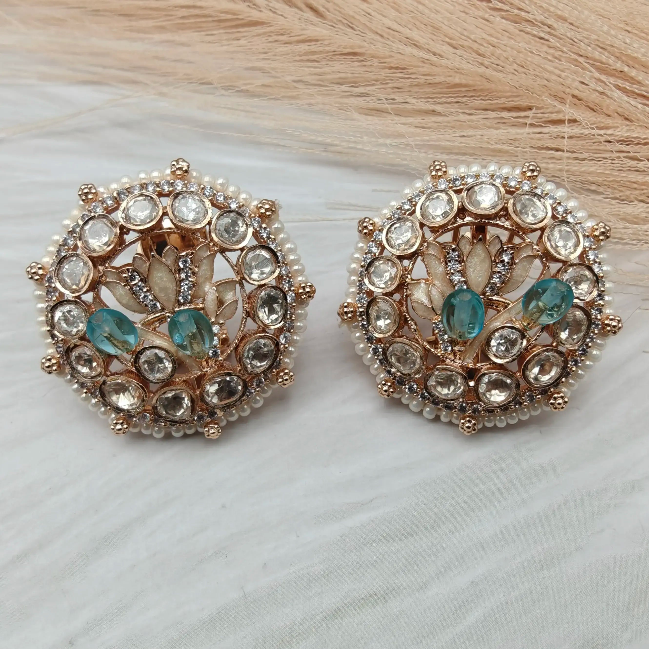 Noorani Lotus Moissanite Studs - Aqua n Beige