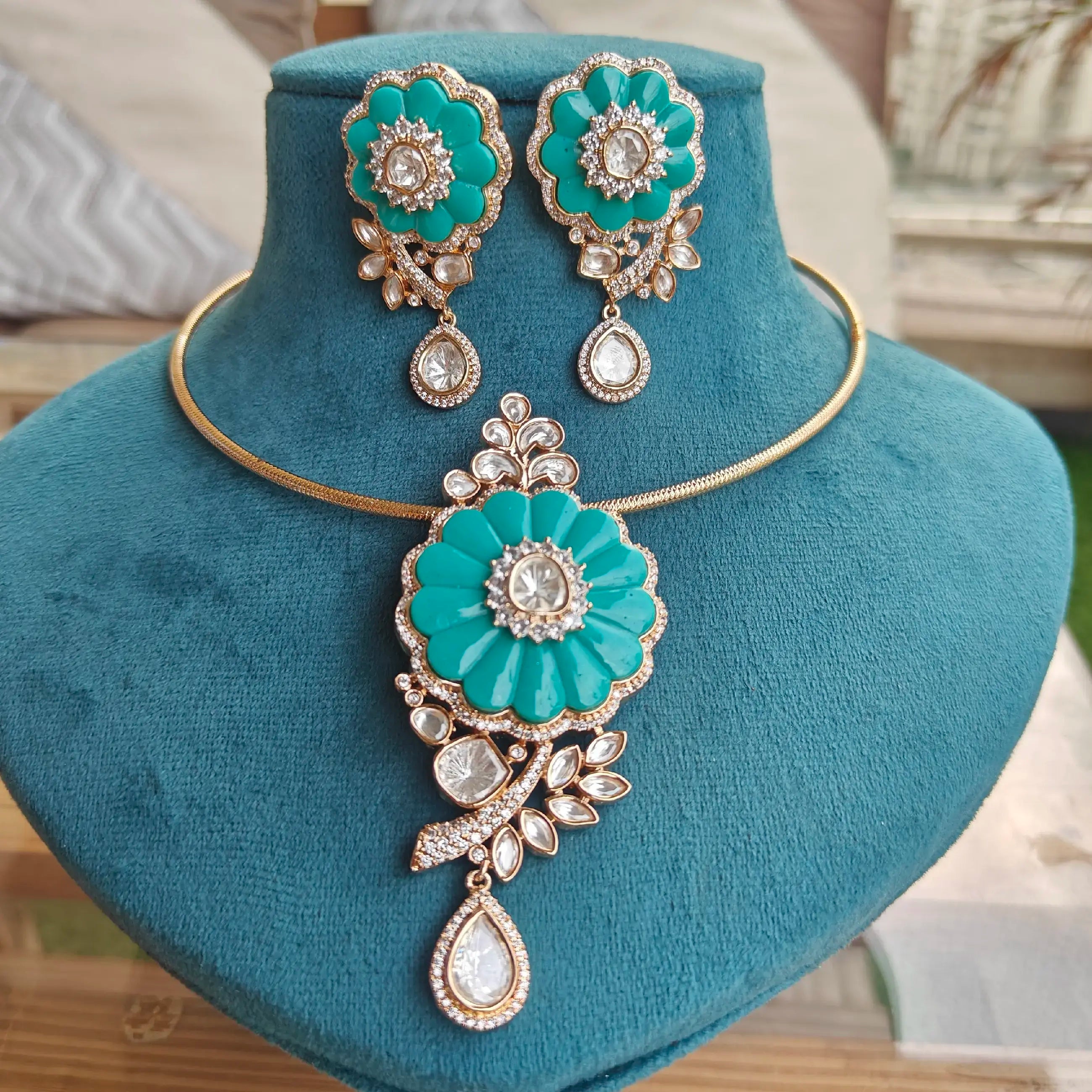 Suhana Moissanite And Natural Stone Hasli Set- Turqoise