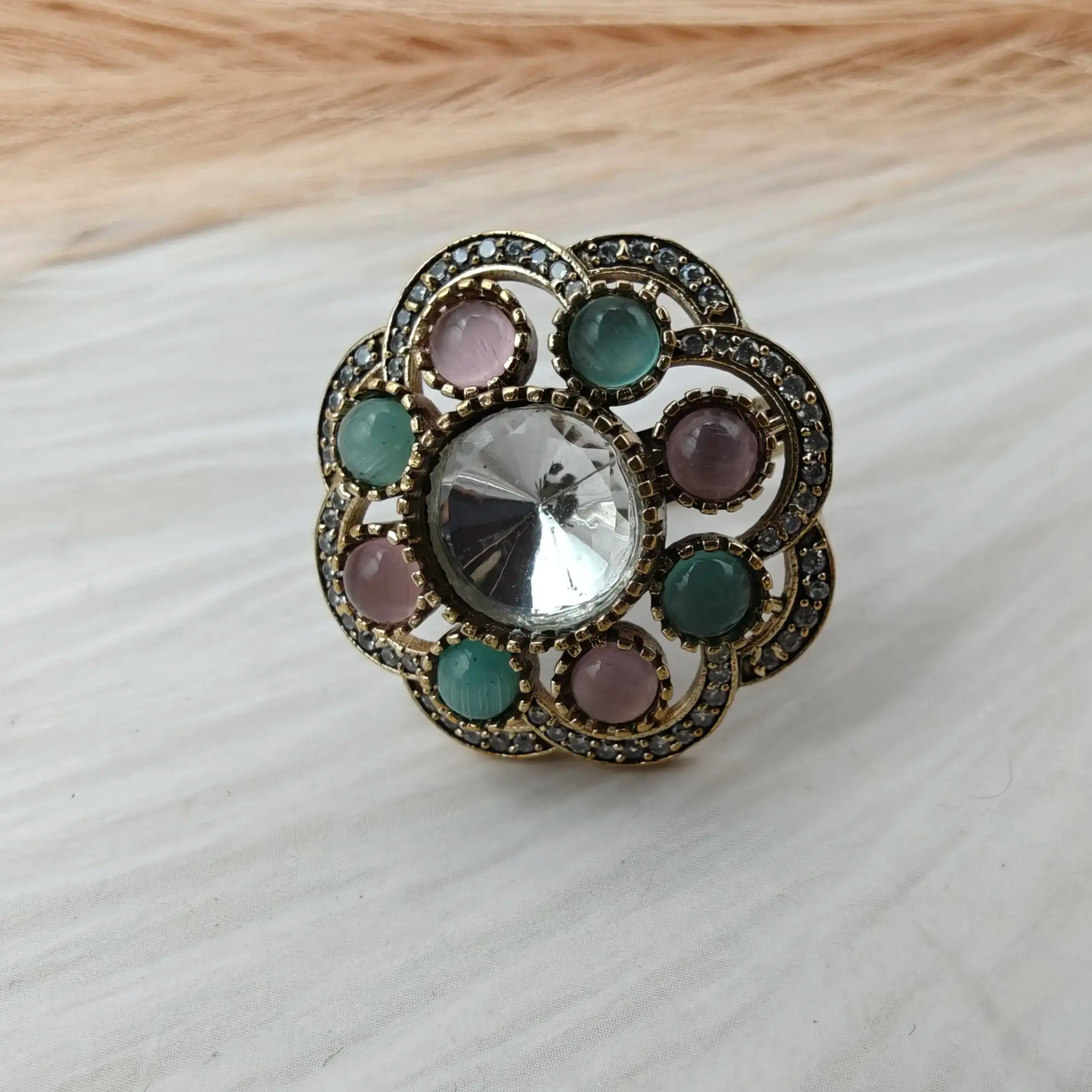 Niharika Uncut Polki Ring- Mint n Pink