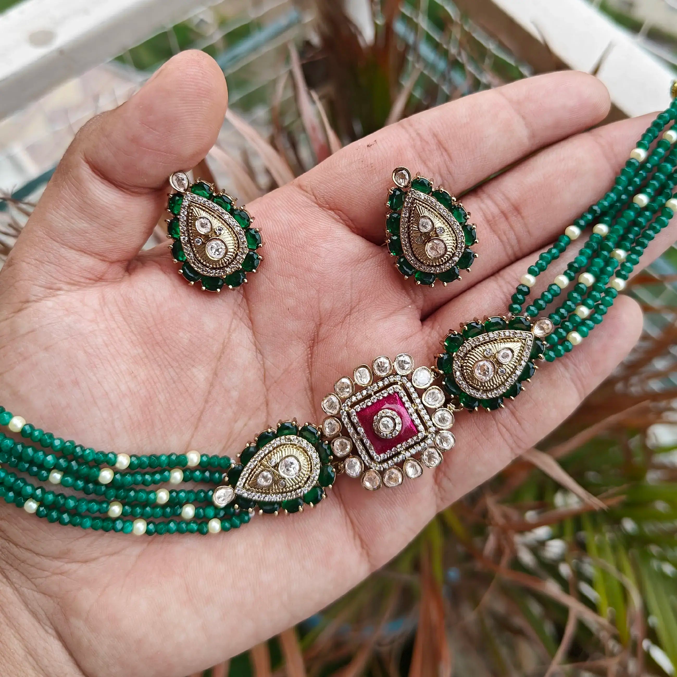 Kanishka Moissanite Premium Onyx Choker Set- Green N Ruby