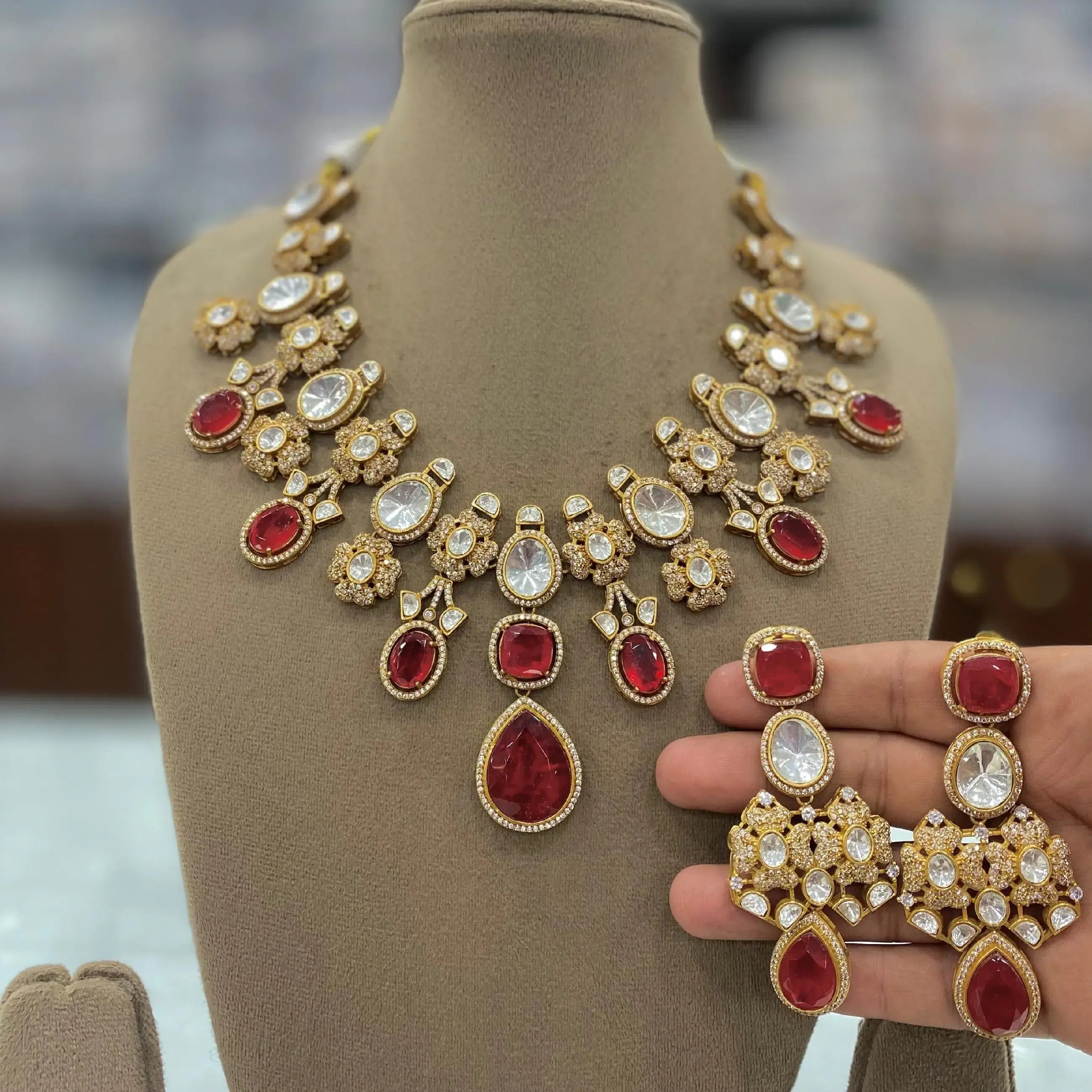 Sunidhi Premium Uncut Moissanite Polki Necklace Set- Red