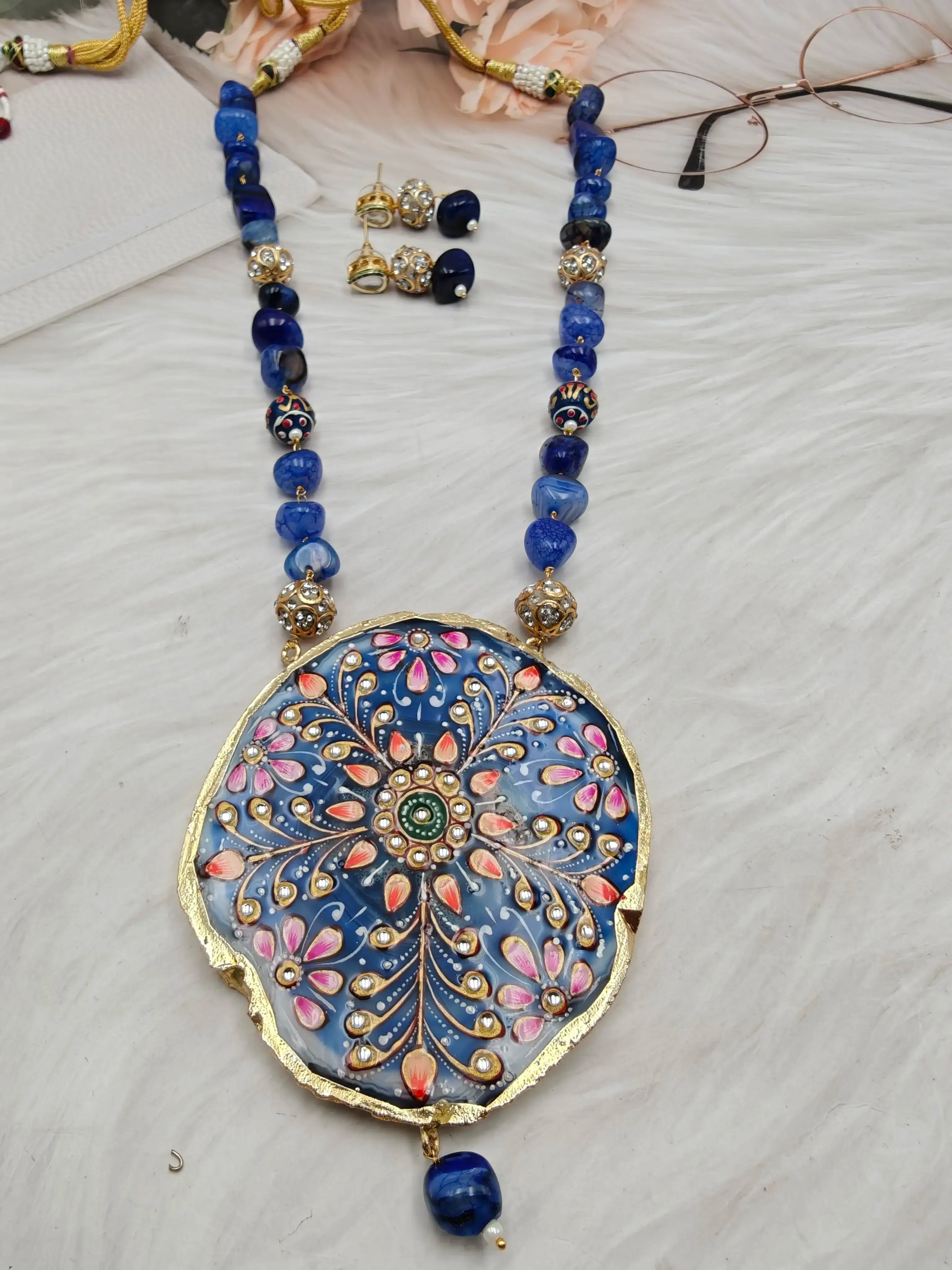 Tanjore Agate Natural Stone Necklace Set - Blue