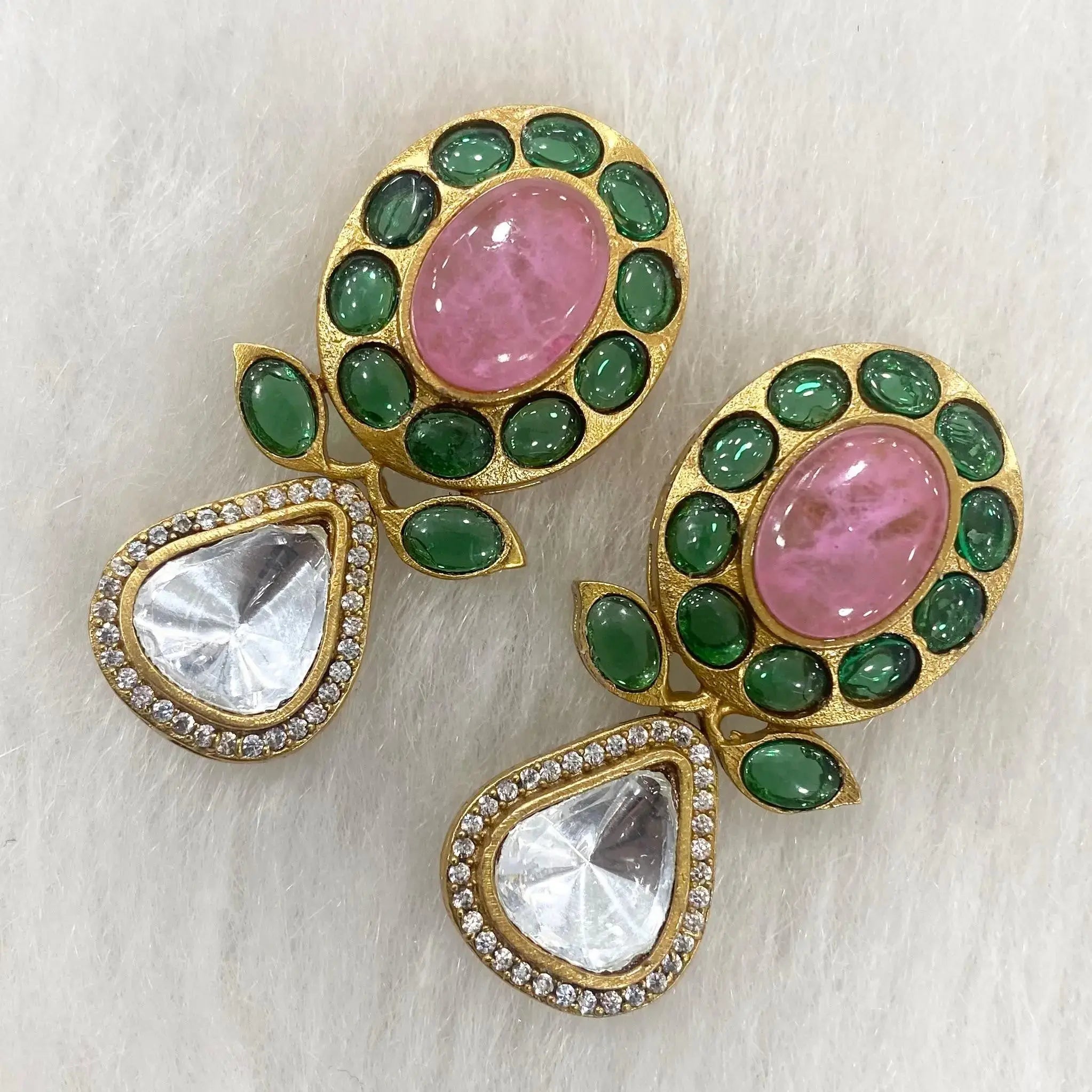 Raihna Cabochon Doublet Earrings - Pink n Green