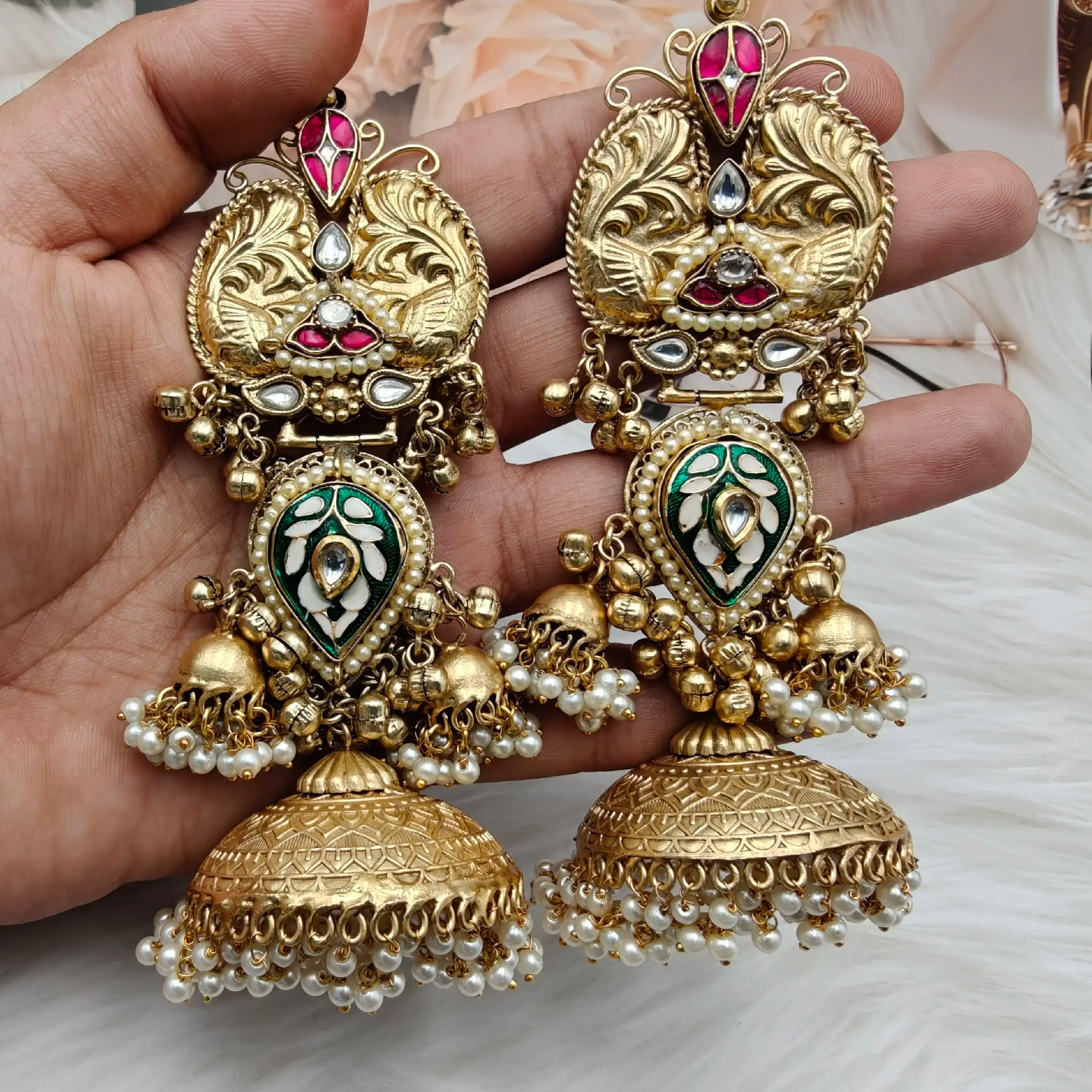 Tamana Amrapali Brass Fusion Long Earrings - Green