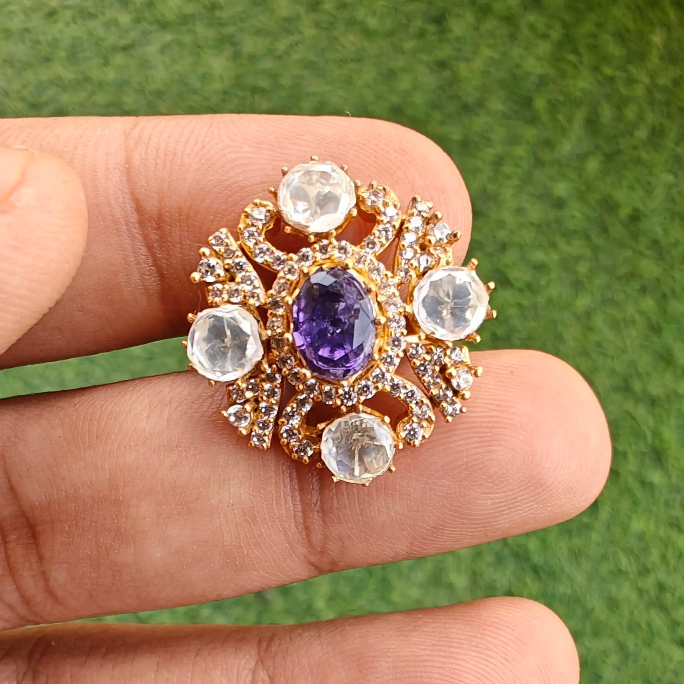 Shabnam Uncut Polki Adjustable Finger Ring - Purple