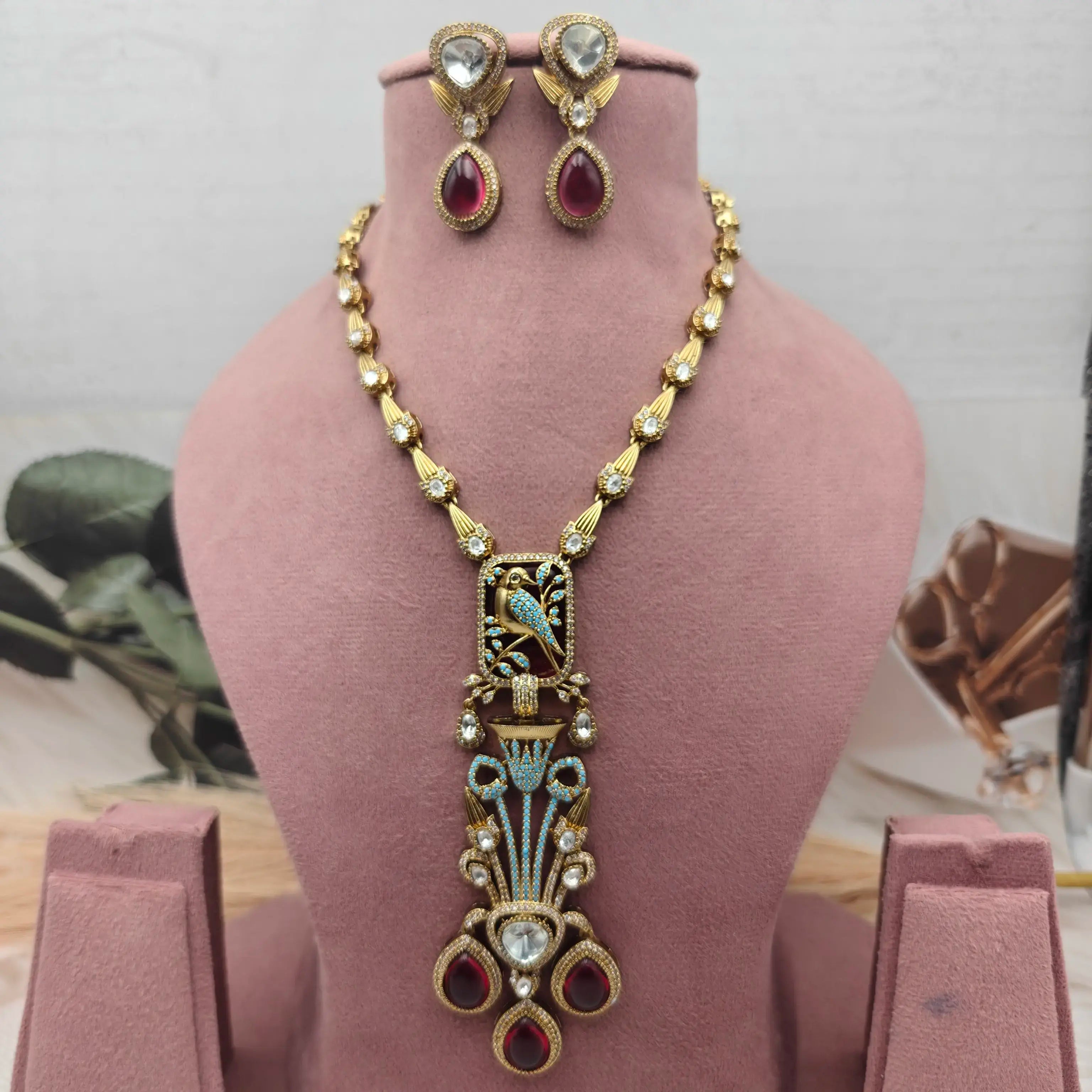 Jheel Panchi Uncut Polki Necklace Set - Maroon n Turquoise