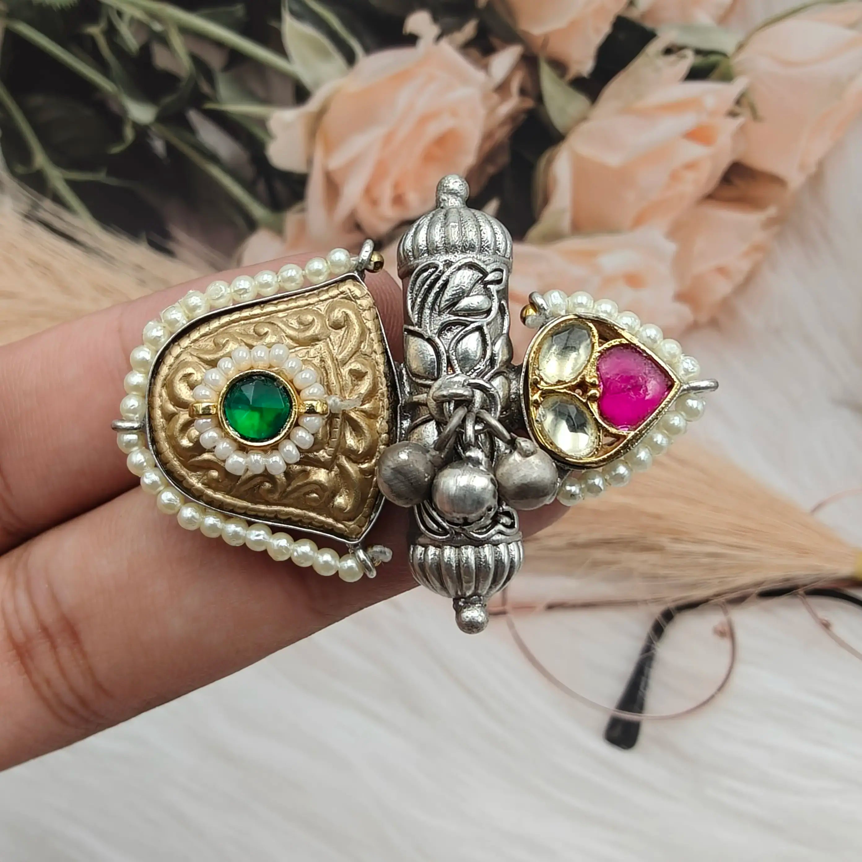 Sukhmani Brass Fusion Amrapali Ring- Green n Ruby