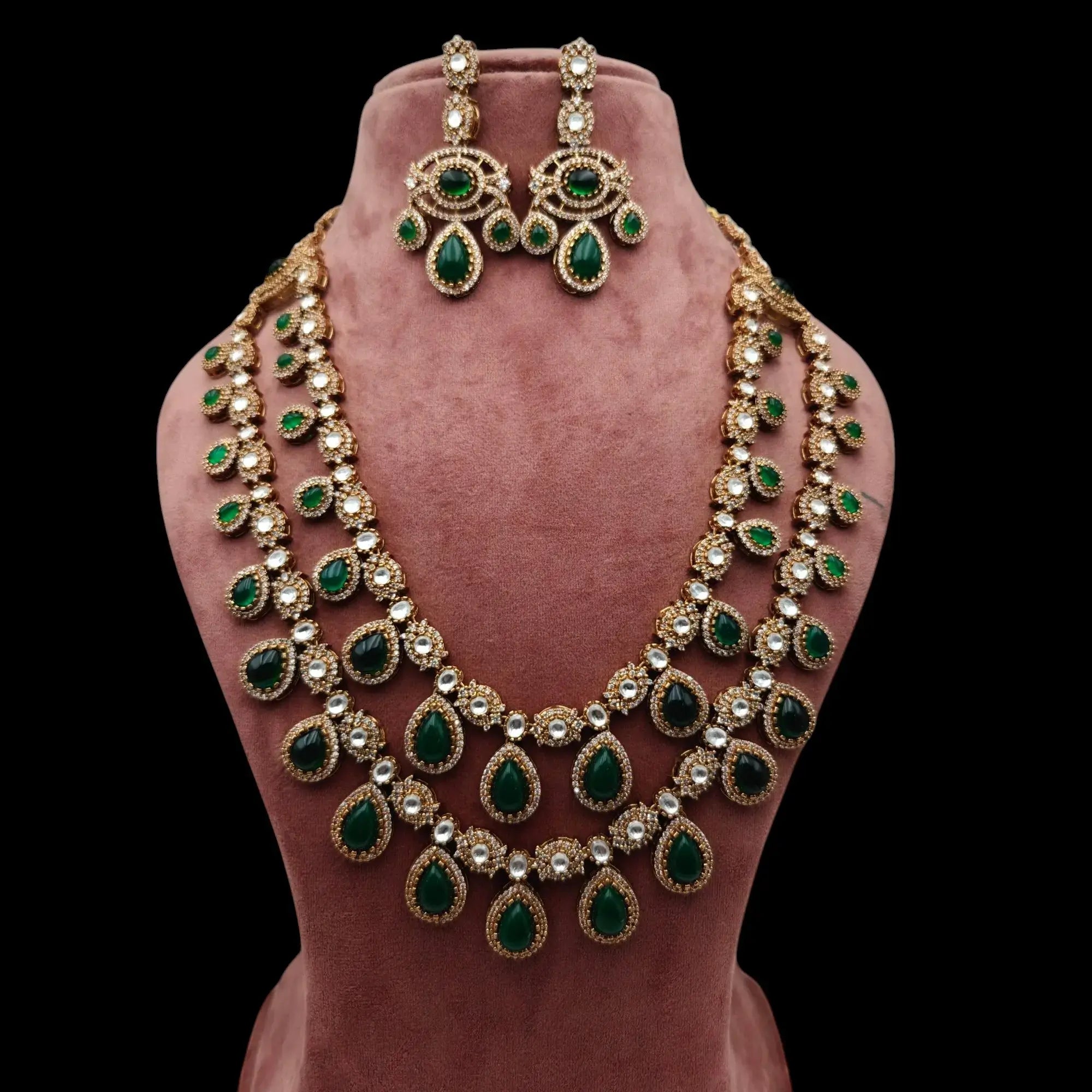 Kashti Premium Cabochon Emerald Doublet Uncut Polki Double Layer Necklace Set
