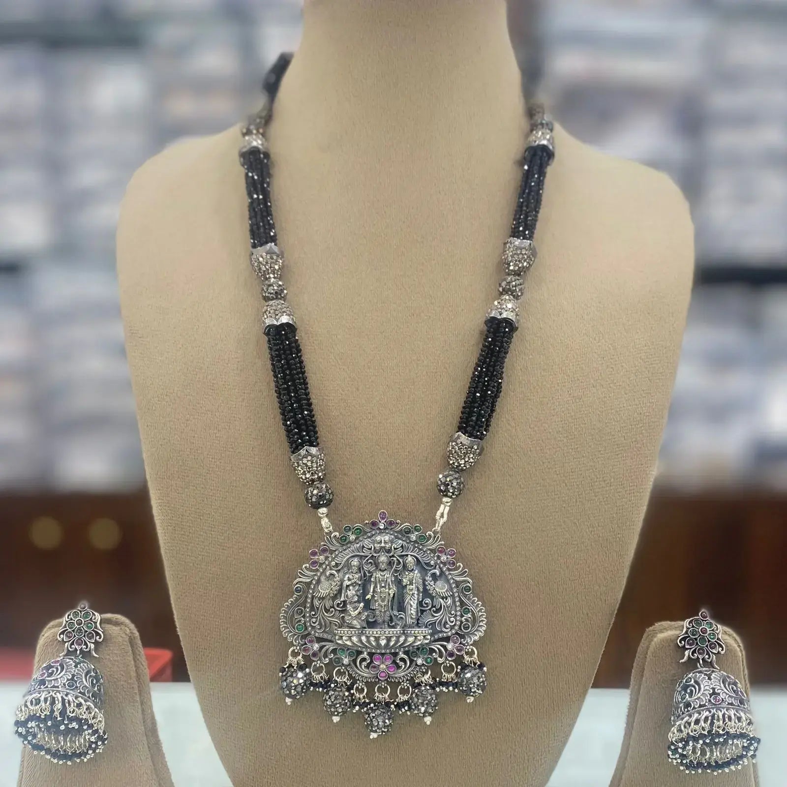 Ram Darbar German Silver Long Necklace In Hydro- Black