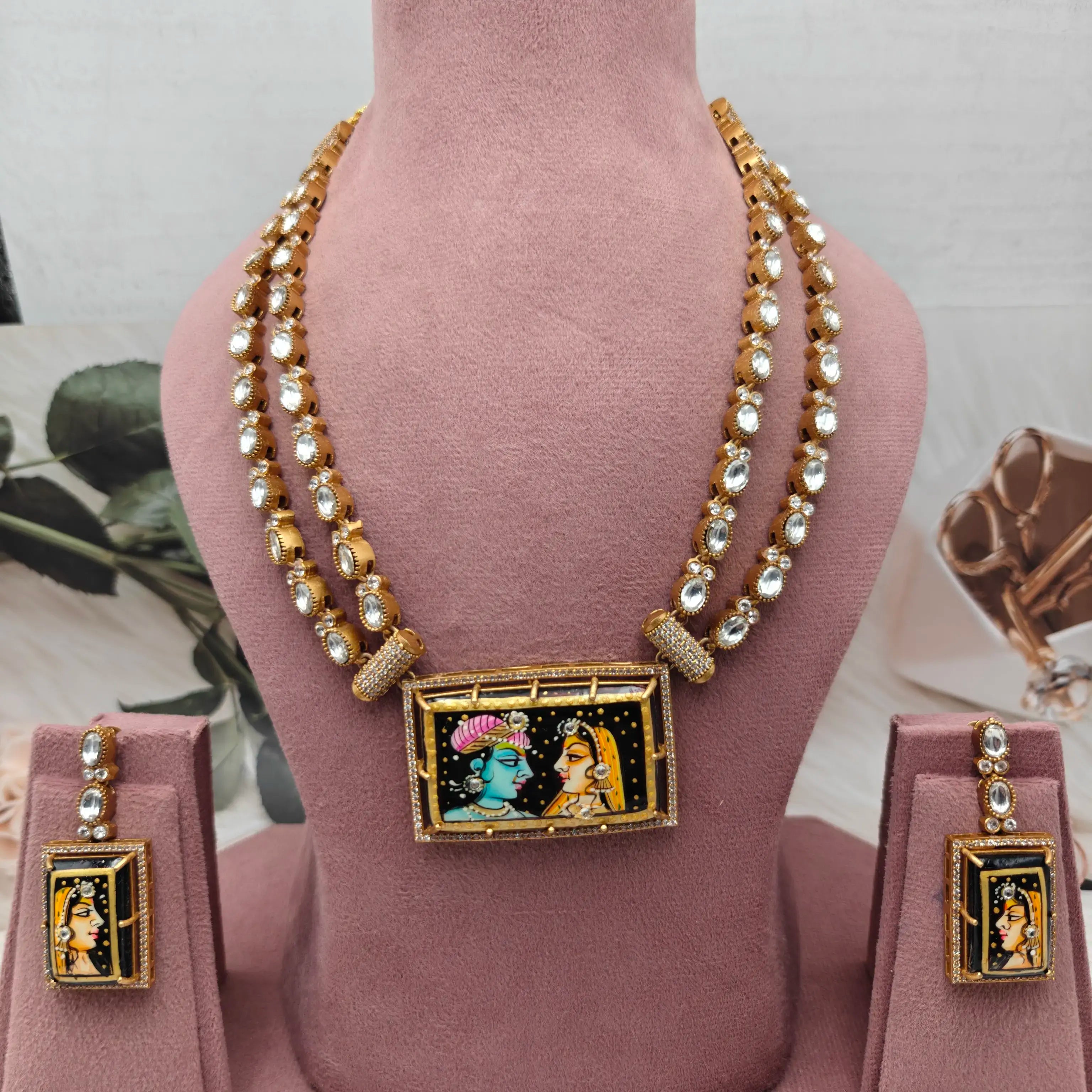 Radha Krishna Tanjore Polki Necklace Set - Dark Blue