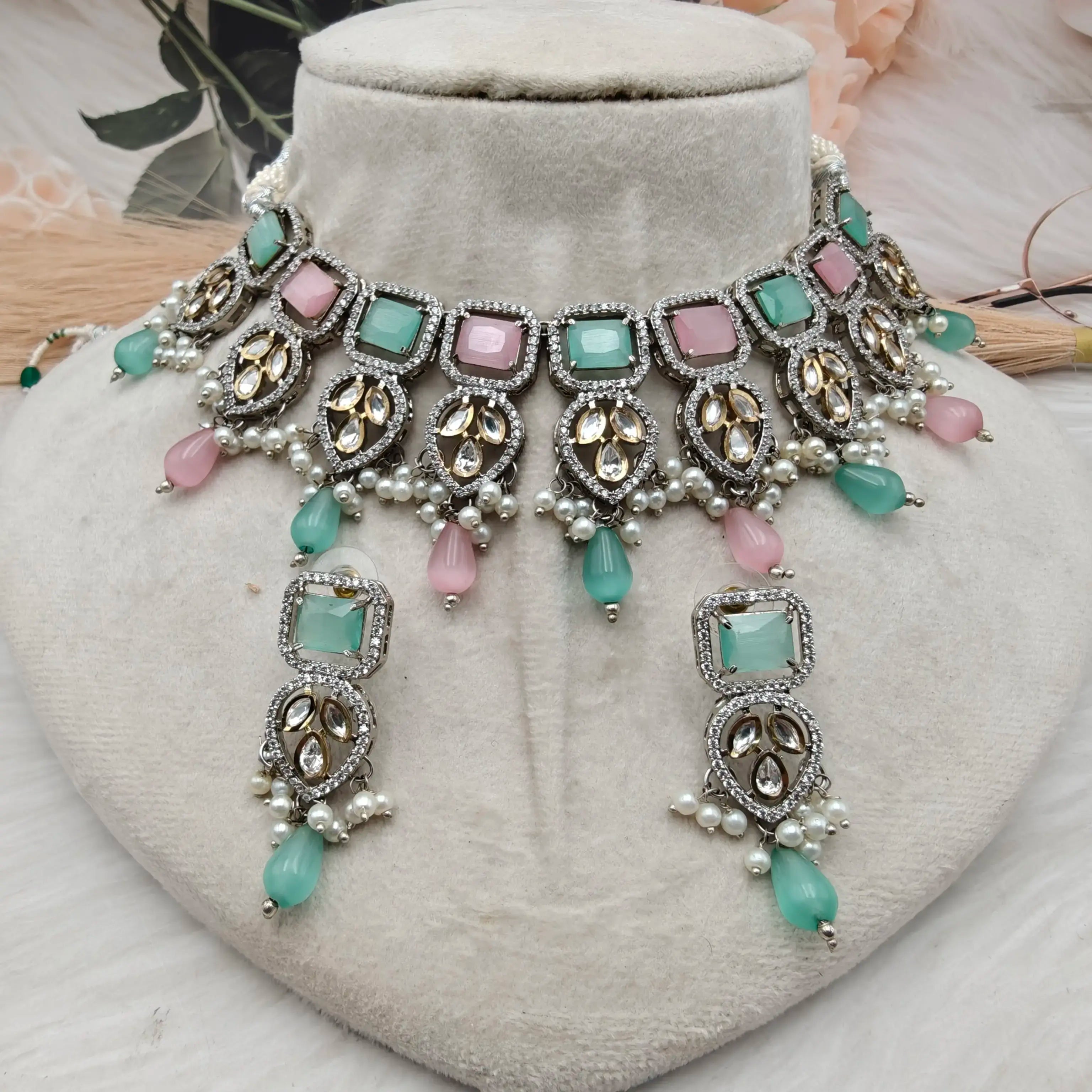 Prerna Monalisa Necklace Set - Mint n Pink