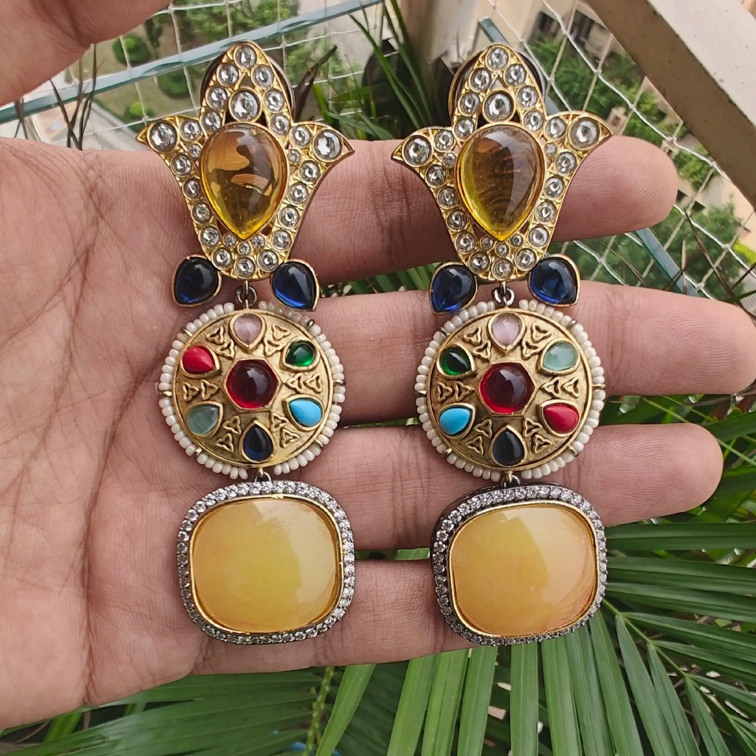 Sabyasachi Inspired Navratan Premium Earrings- Yellow