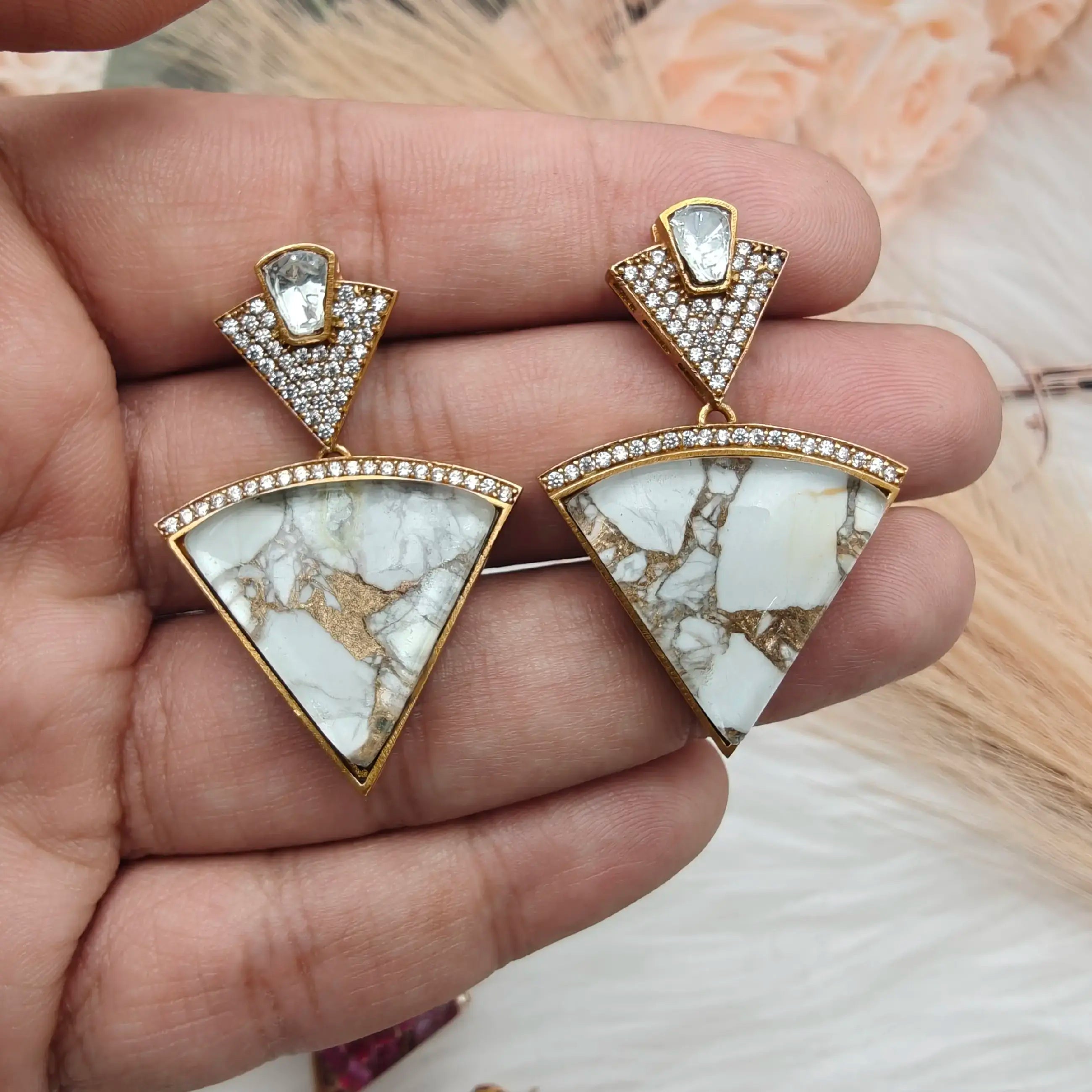 Medha Tourmaline Doublet Uncut Moissanite Polki Earrings - White