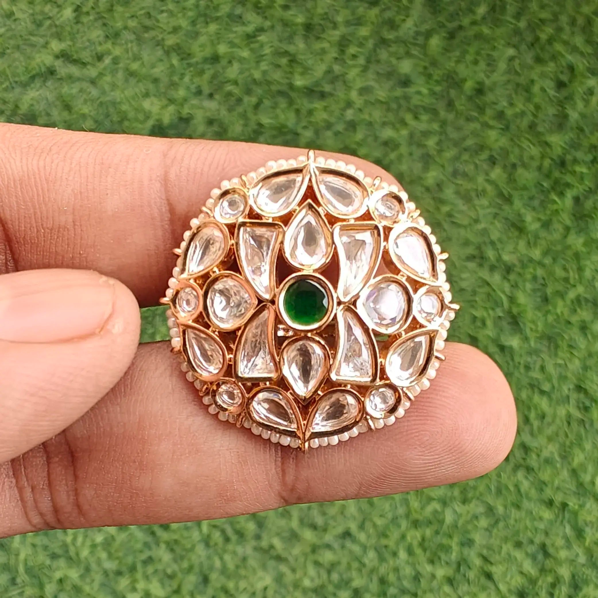 Raisha Sunheri Polki Kundan Adjustable Premium Ring- Green