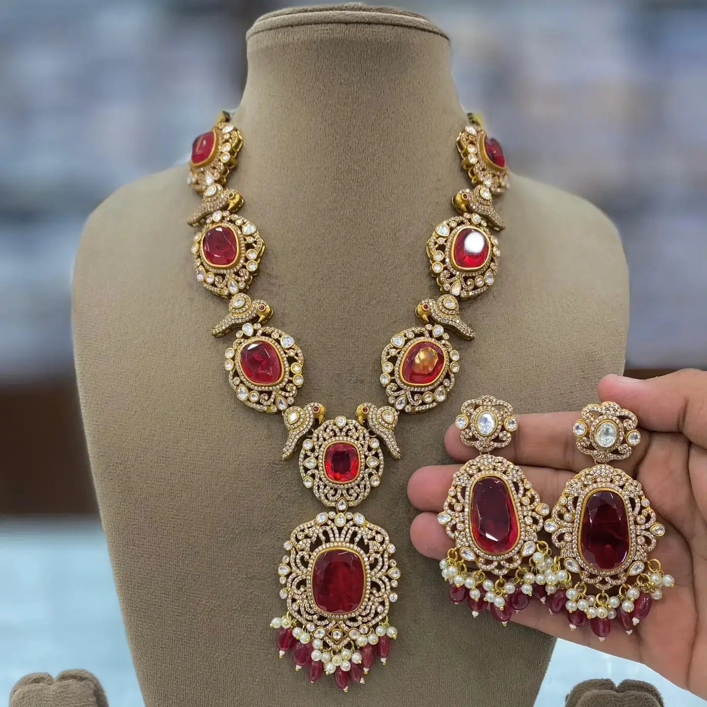 Anandi Doublet And Uncut Moissanite Polki Necklace Set- Red