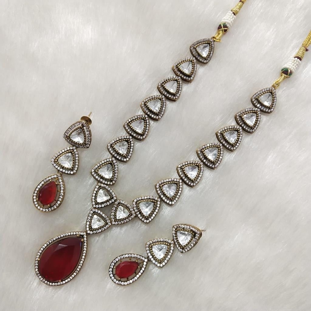 Ibadat Polki Double Necklace Set- Red