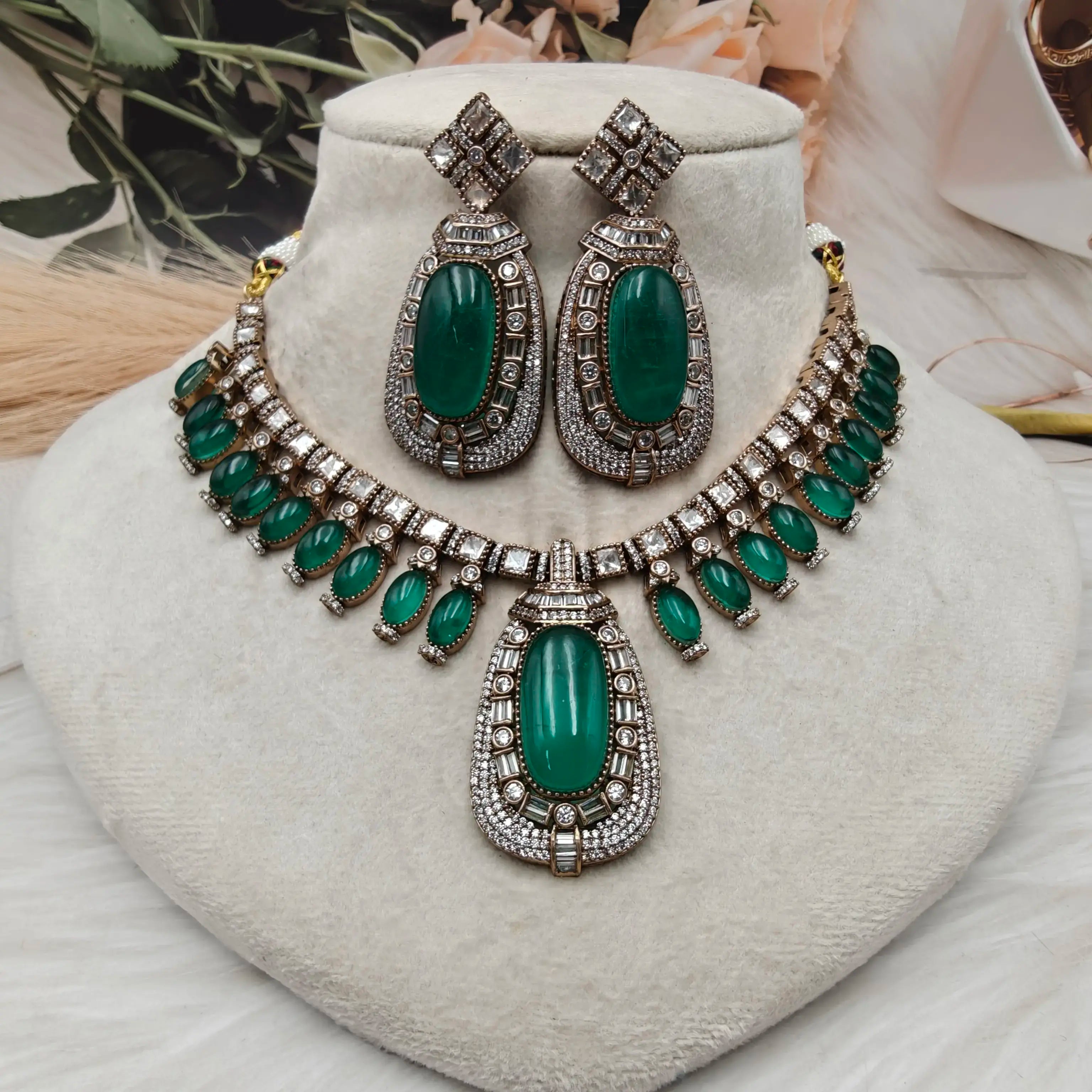 Elysian Doublet Statement Necklace Set - Emerald Green