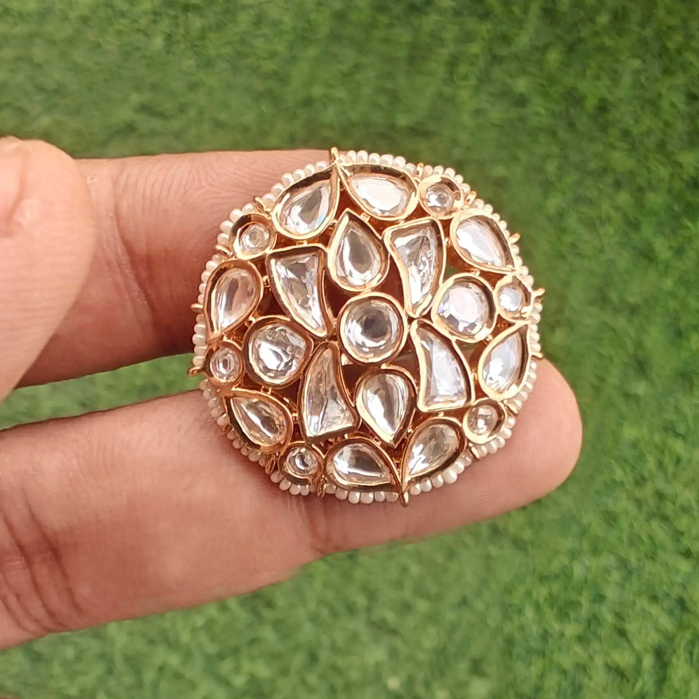 Raisha Sunheri Polki Kundan Adjustable Premium Ring- White