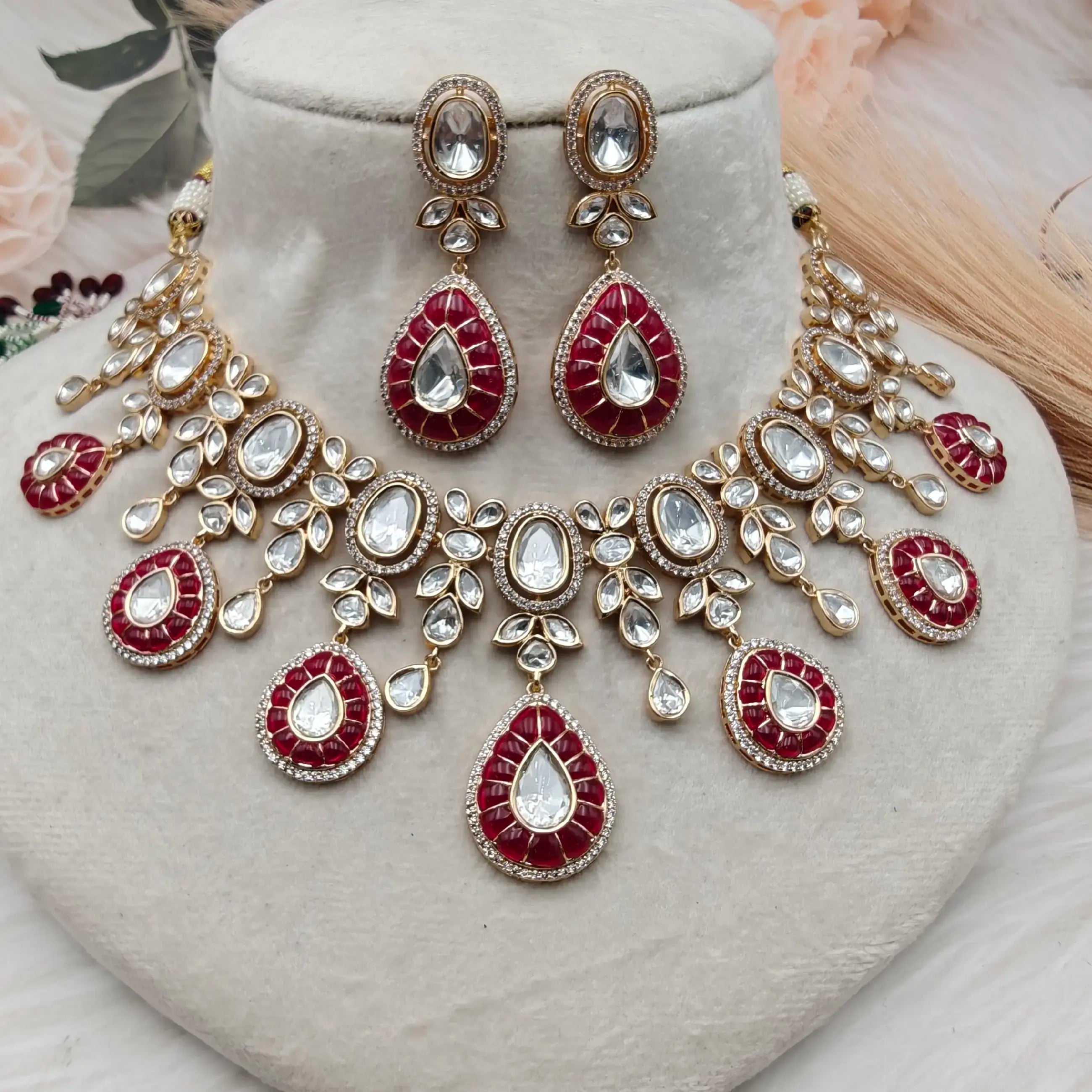 Olga Sunheri Kundan Pota Stone Necklace Set - Ruby